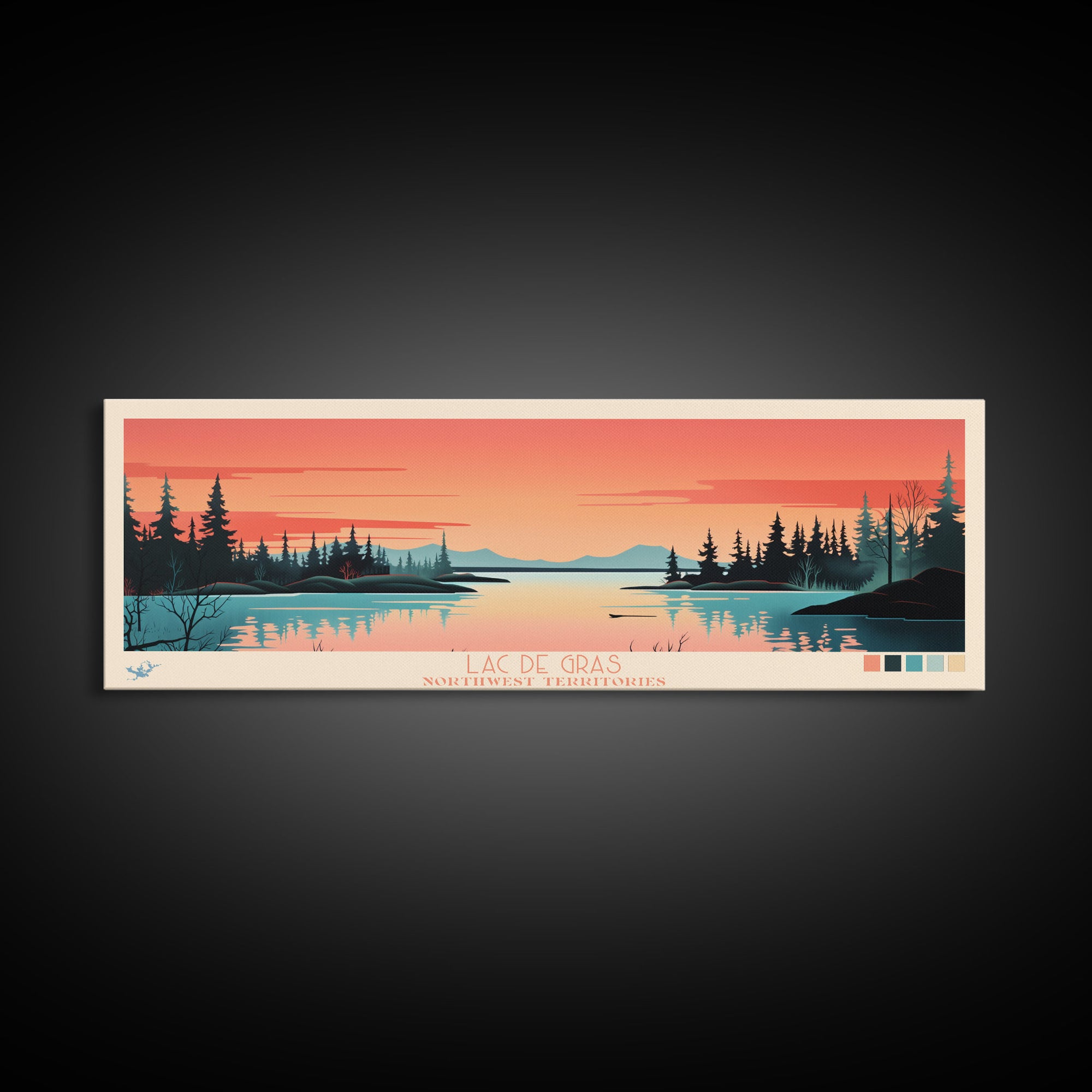 Lac De Gras Northwest Framed Canvas Print, Panoramic Wall Art, Midcentury Modern, Pop Art, Bedroom Decor, Travel Poster, Living Room Art