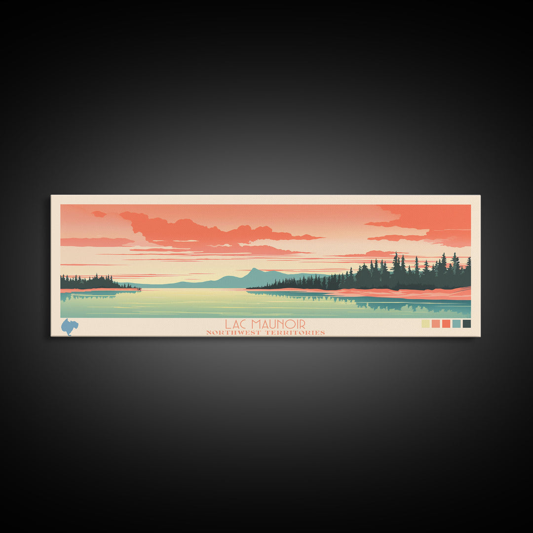 Lac Maunoir Northwest Territories Framed Canvas Print, Panoramic Art, Midcentury Modern, Pop Art, Living Room Wall Art, Travel Poster, Lake House Decor