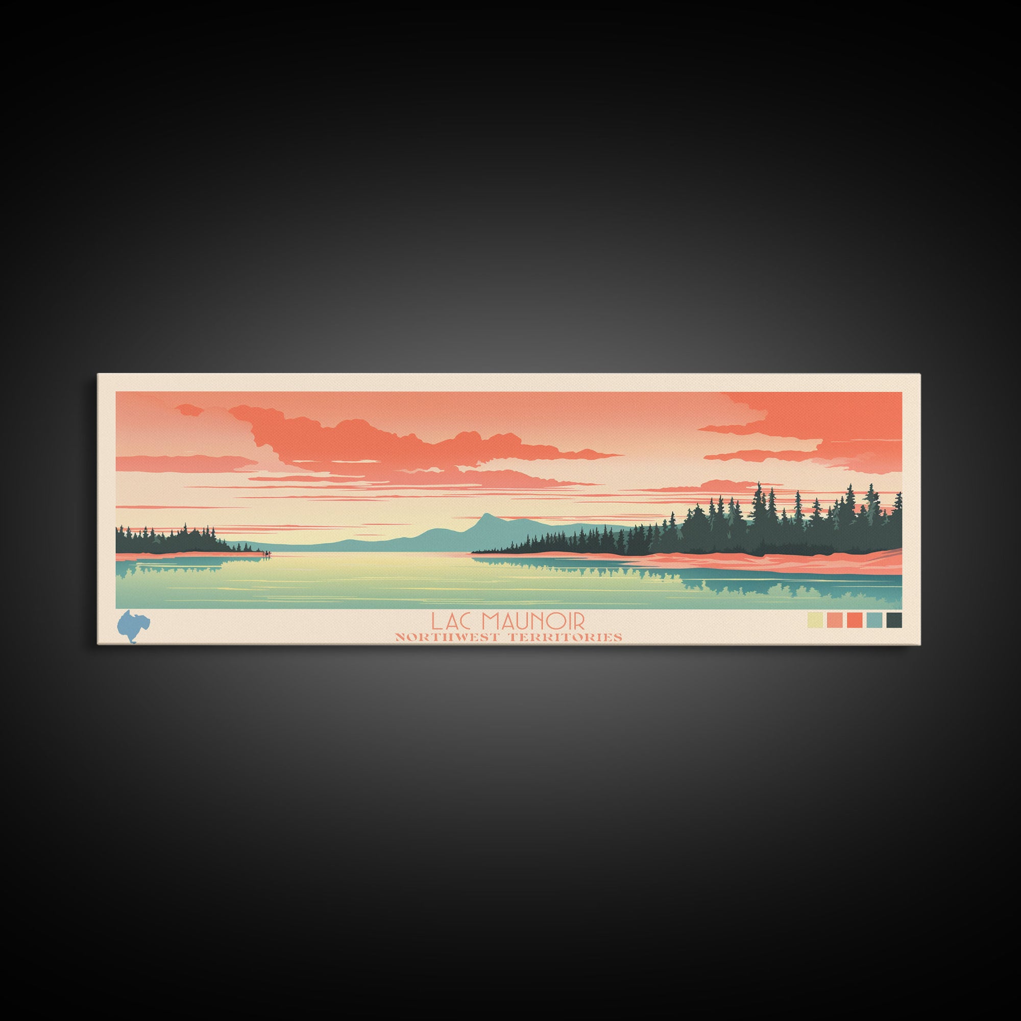 Lac Maunoir Northwest Territories Framed Canvas Print, Panoramic Art, Midcentury Modern, Pop Art, Living Room Wall Art, Travel Poster, Lake House Decor