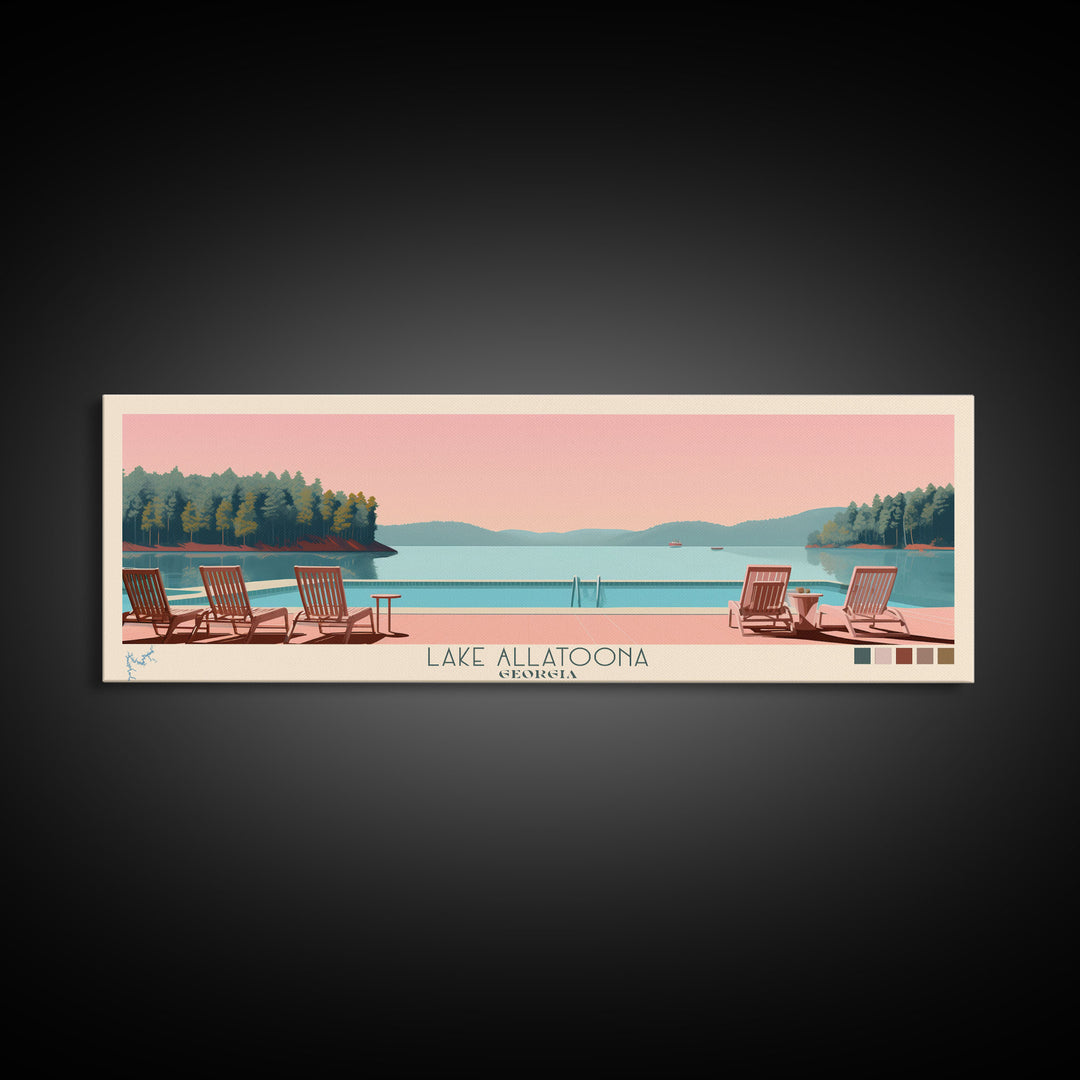Lake Allatoona Georgia Framed Canvas Print, Panoramic Wall Art, Midcentury Modern, Pop Art, Living Room Decor, Travel Poster, Bedroom Art