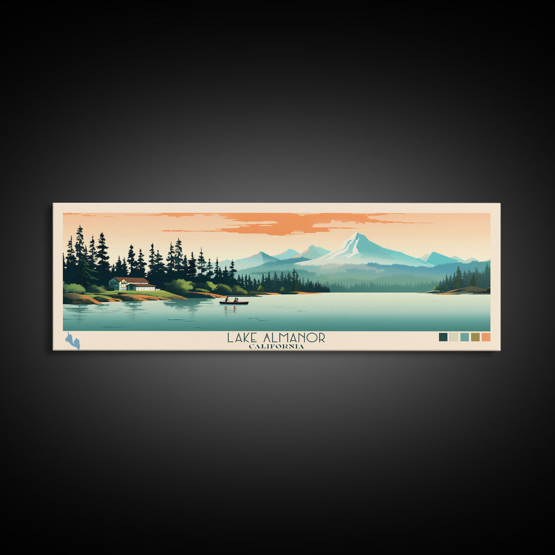 Lake Almanor California Framed Canvas Print, Panoramic Art, Midcentury Modern, Pop Art, Living Room Wall Art, Travel Poster, Lake House Decor