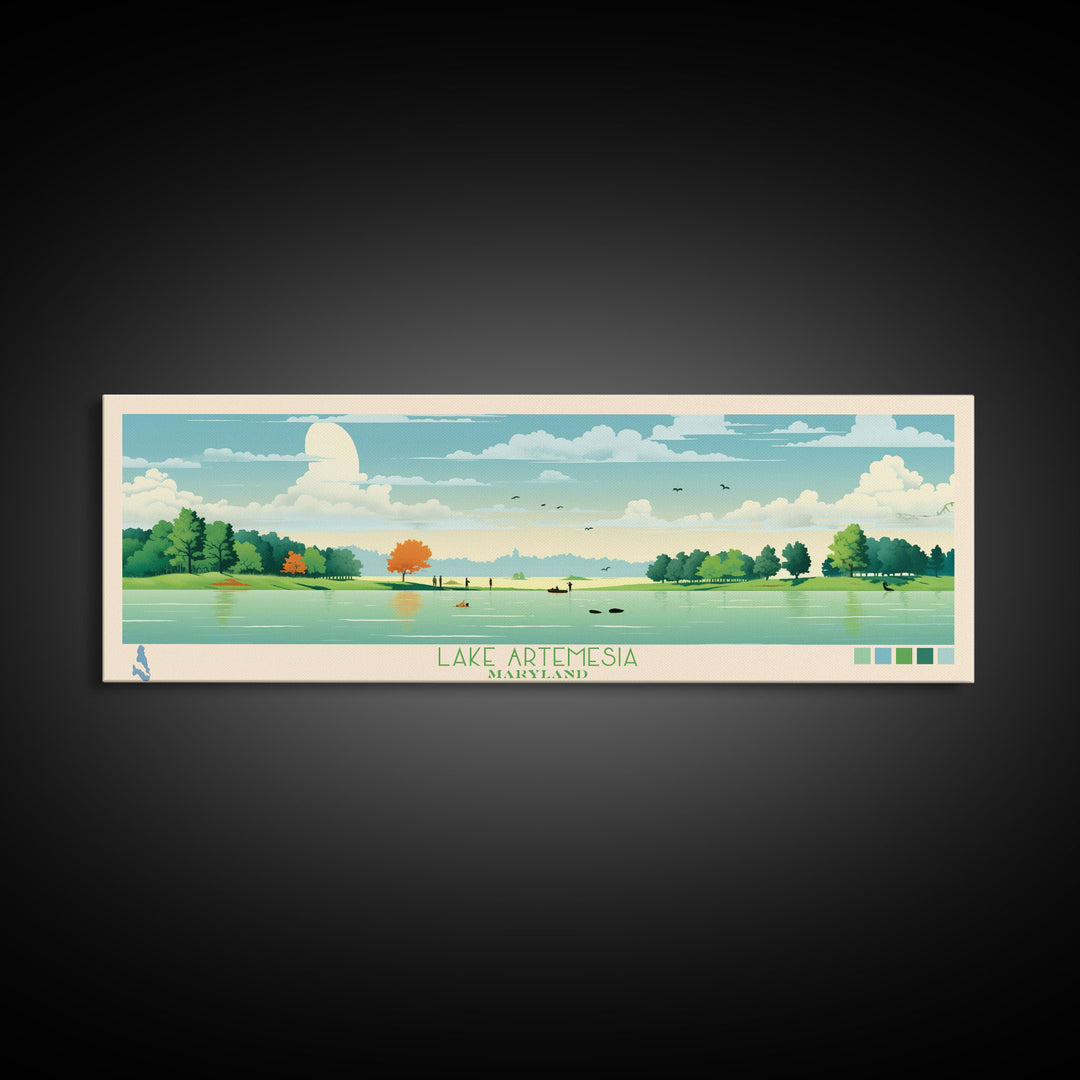 Lake Artemesia Maryland Framed Canvas Print, Panoramic Wall Art, Midcentury Modern, Pop Art, Bedroom Decor, Travel Poster, Living Room Art
