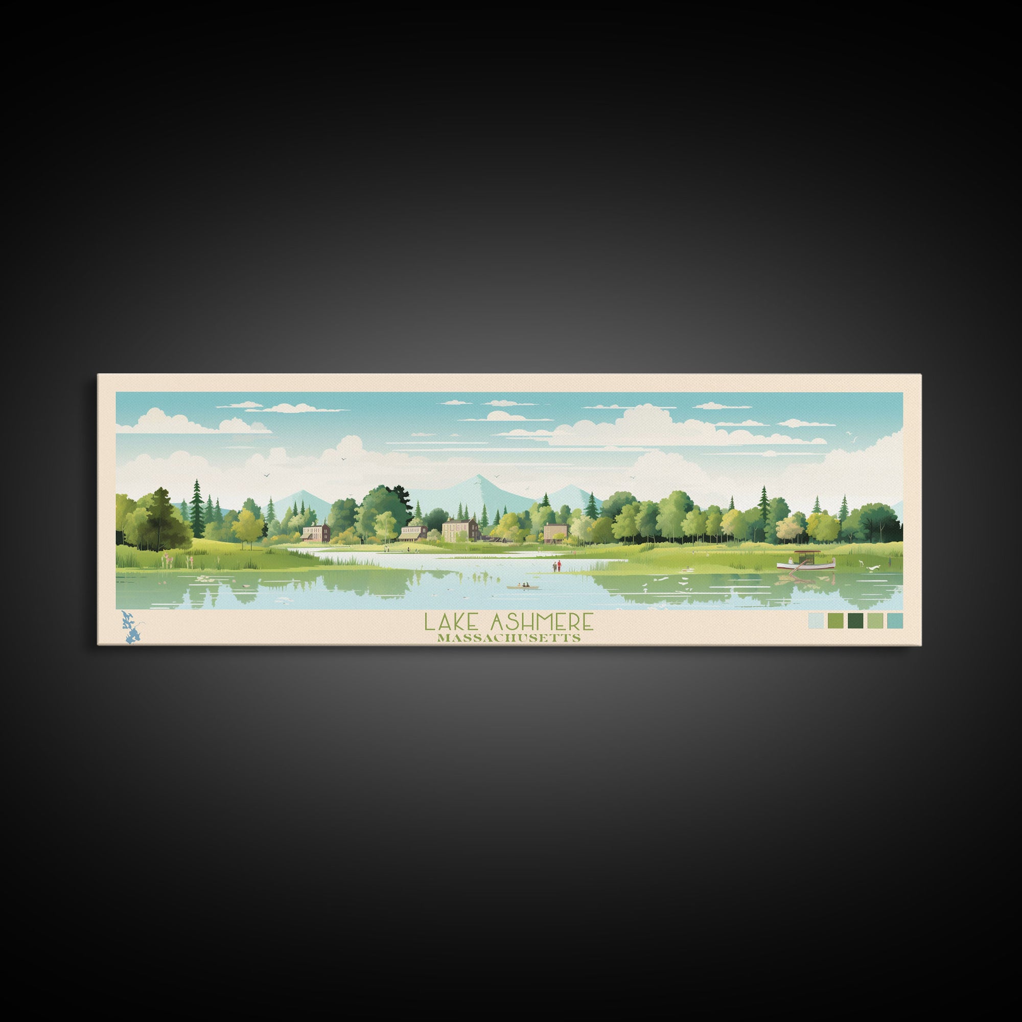 Lake Ashmere Massachusetts Framed Canvas Print, Panoramic Art, Midcentury Modern, Pop Art, Living Room Wall Art, Travel Poster, Lake House Decor