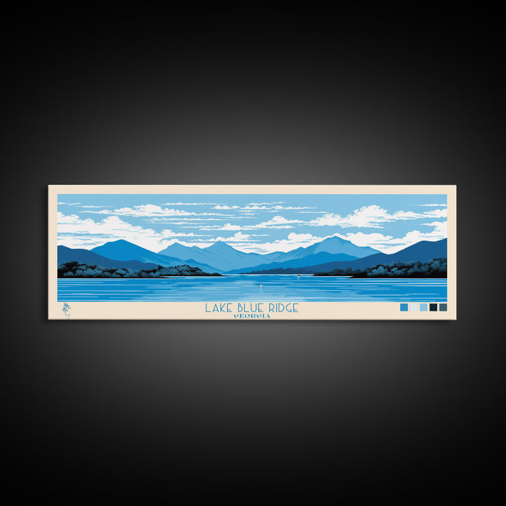 Lake Blue Ridge Georgia Framed Canvas Print, Panoramic Art, Midcentury Modern, Pop Art, Living Room Wall Art, Travel Poster, Lake House Decor