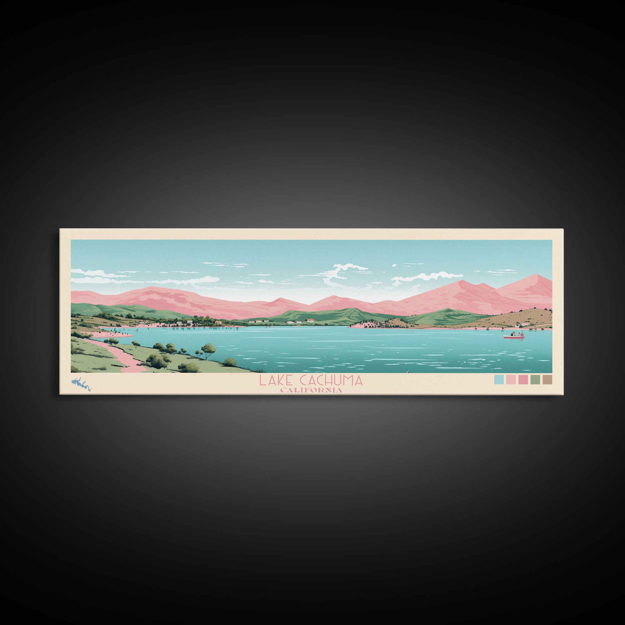 Lake Cachuma California Framed Canvas Print, Panoramic Art, Midcentury Modern, Pop Art, Living Room Wall Art, Travel Poster, Lake House Decor