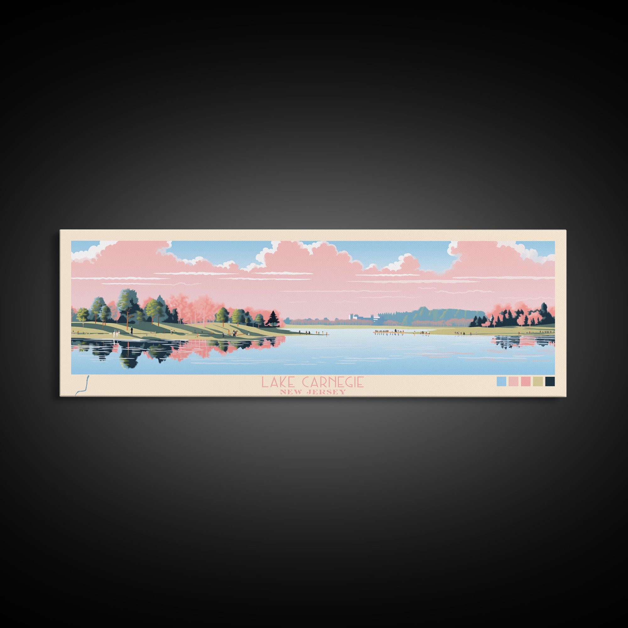 Lake Carnegie New Jersey Framed Canvas Print, Panoramic Wall Art, Midcentury Modern, Pop Art, Bedroom Decor, Travel Poster, Living Room Art