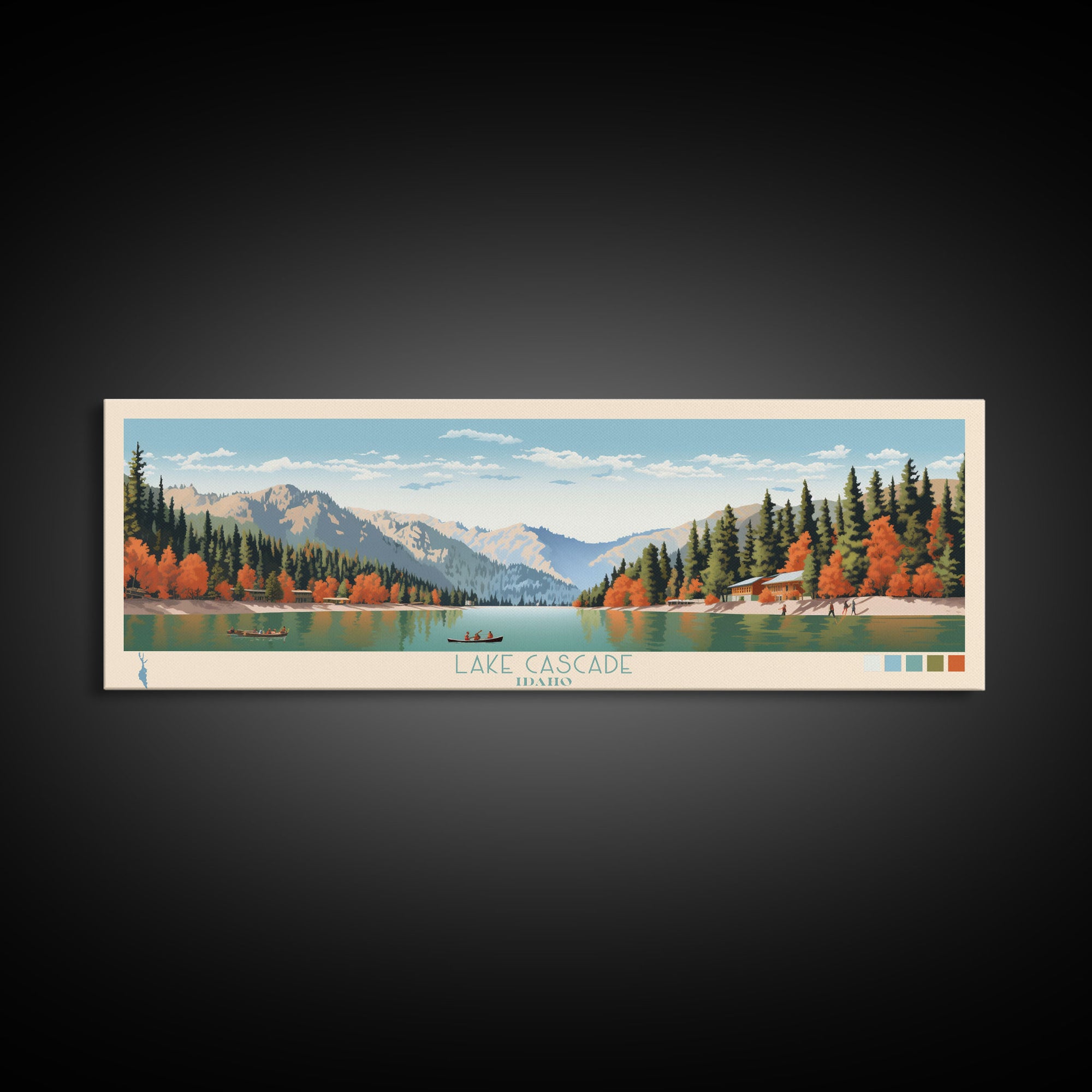 Lake Cascade Idaho Framed Canvas Print, Panoramic Art, Midcentury Modern, Pop Art, Living Room Wall Art, Travel Poster, Lake House Decor