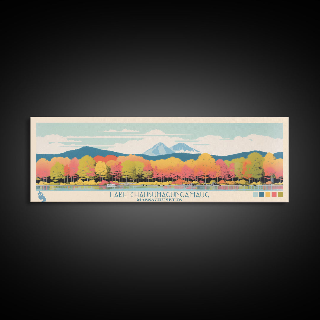 Lake Chaubunagungamaug Webster Massachusetts Framed Canvas Print, Panoramic Wall Art, Midcentury Modern, Pop Art, Bedroom Decor, Travel Poster, Living Room Art