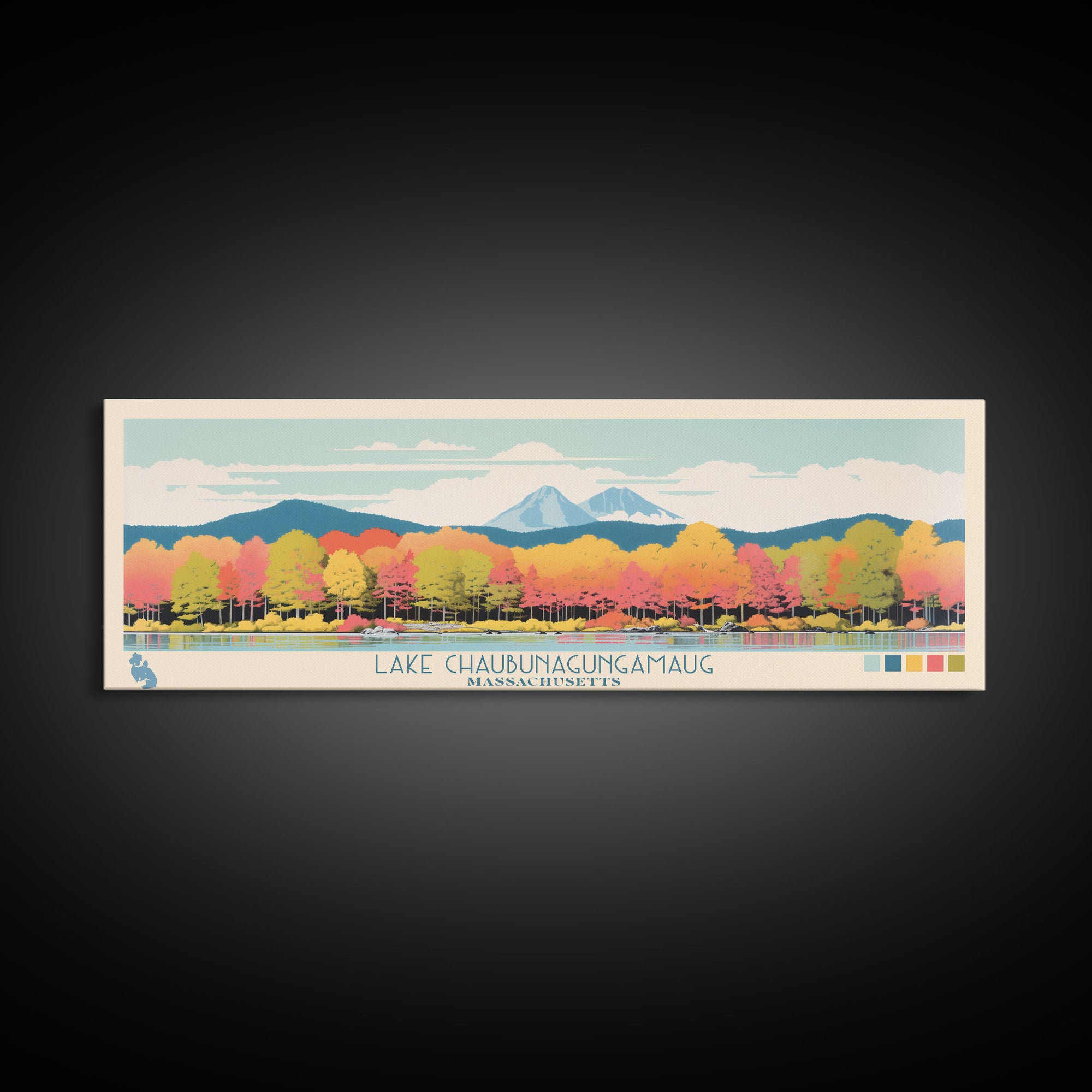 Lake Chaubunagungamaug Webster Massachusetts Framed Canvas Print, Panoramic Wall Art, Midcentury Modern, Pop Art, Bedroom Decor, Travel Poster, Living Room Art