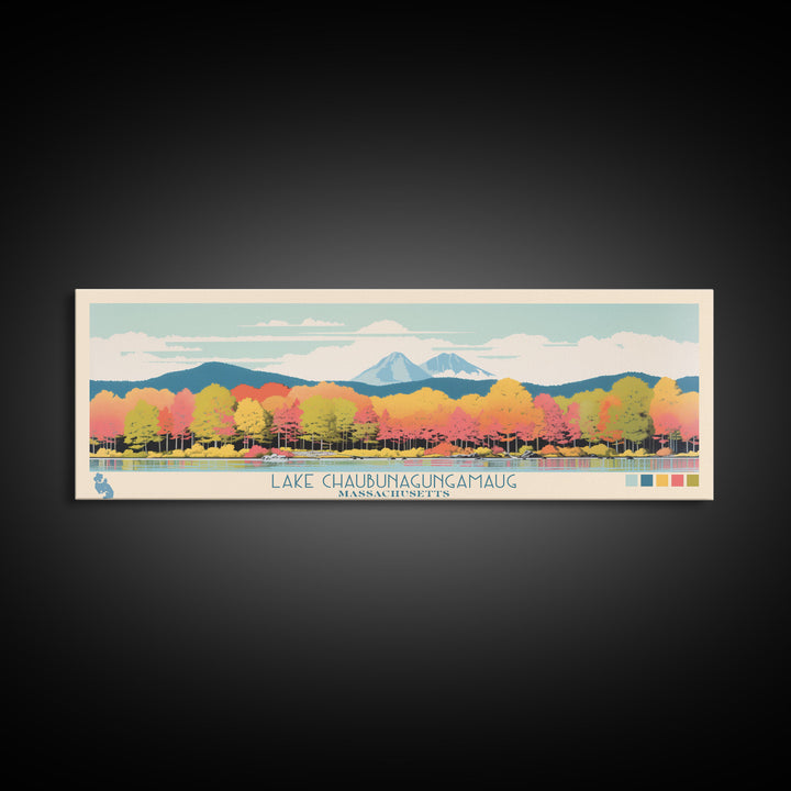 Lake Chaubunagungamaug Webster Massachusetts Framed Canvas Print, Panoramic Wall Art, Midcentury Modern, Pop Art, Bedroom Decor, Travel Poster, Living Room Art