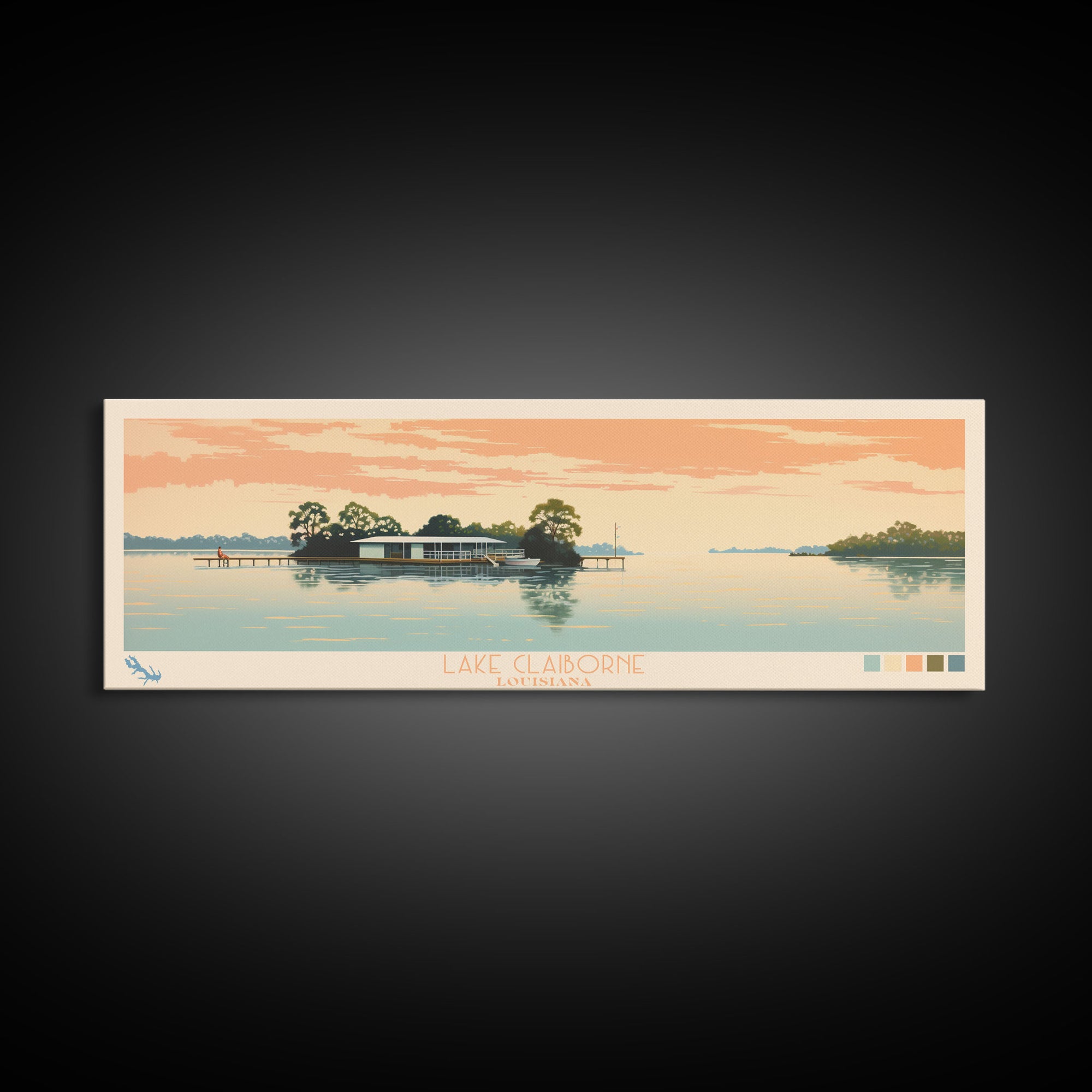 Lake Claiborne Louisiana Framed Canvas Print, Panoramic Wall Art, Midcentury Modern, Pop Art, Bedroom Decor, Travel Poster, Living Room Art