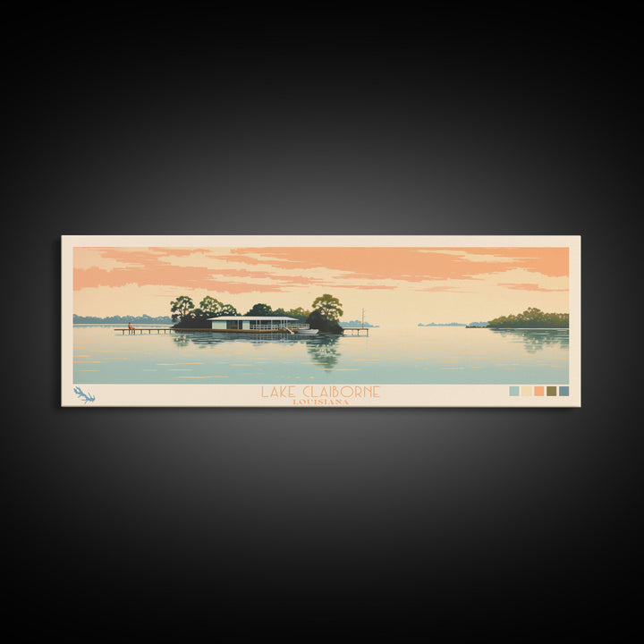 Lake Claiborne Louisiana Framed Canvas Print, Panoramic Wall Art, Midcentury Modern, Pop Art, Bedroom Decor, Travel Poster, Living Room Art