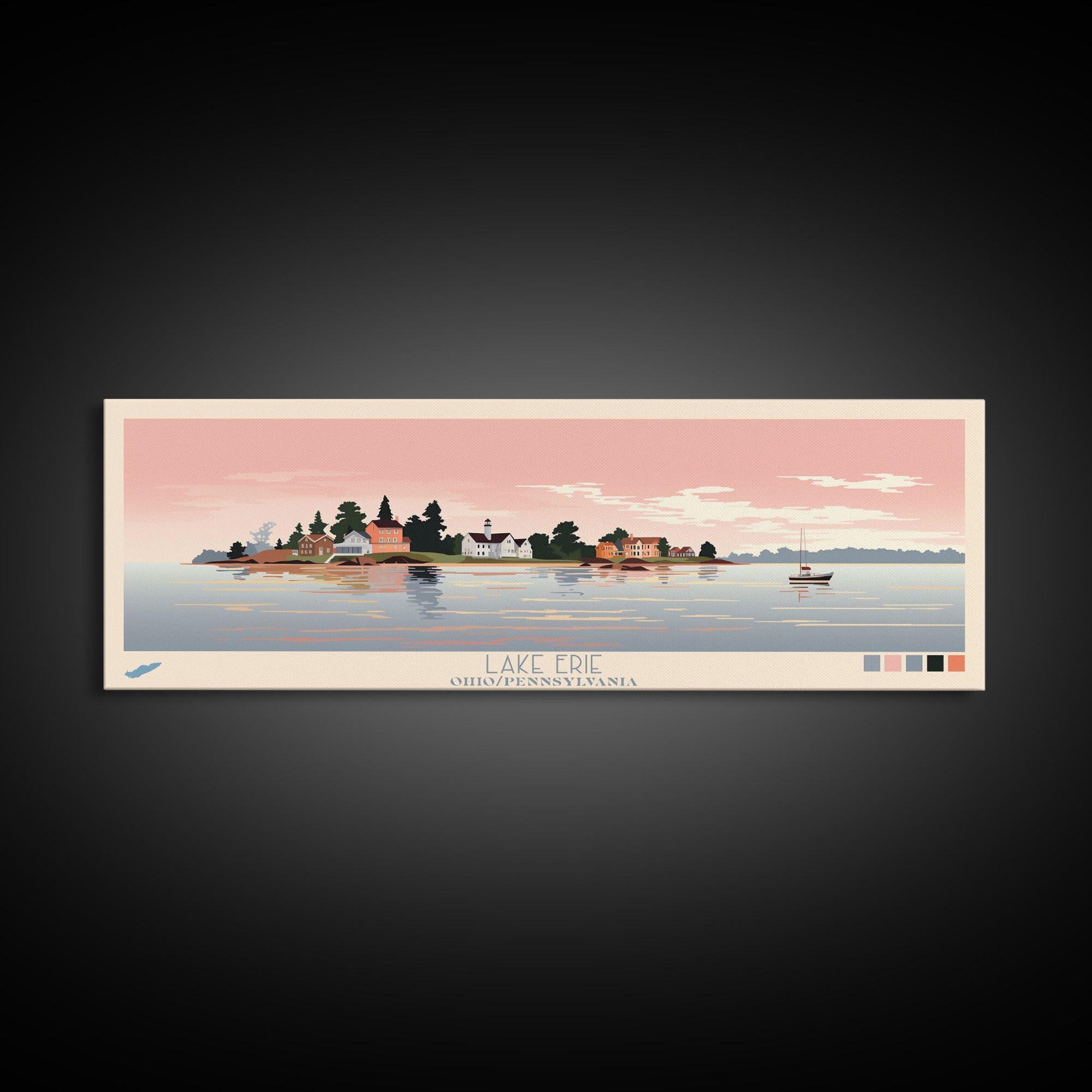 Lake Erie Ohio Pennsylvania Framed Canvas Print, Panoramic Art, Midcentury Modern, Pop Art, Living Room Wall Art, Travel Poster, Lake House Decor