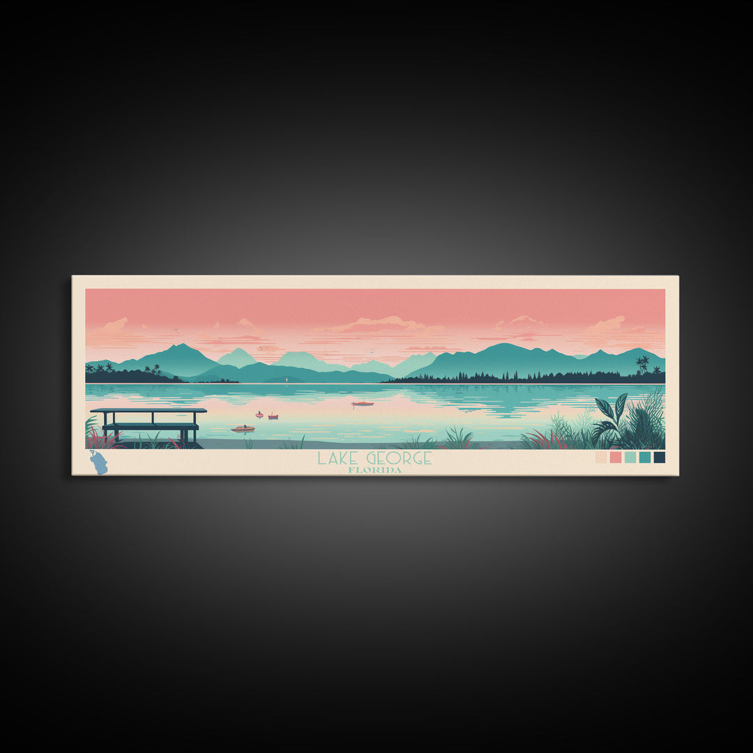 Lake George Florida Framed Canvas Print, Panoramic Wall Art, Midcentury Modern, Pop Art, Bedroom Decor, Travel Poster, Living Room Art