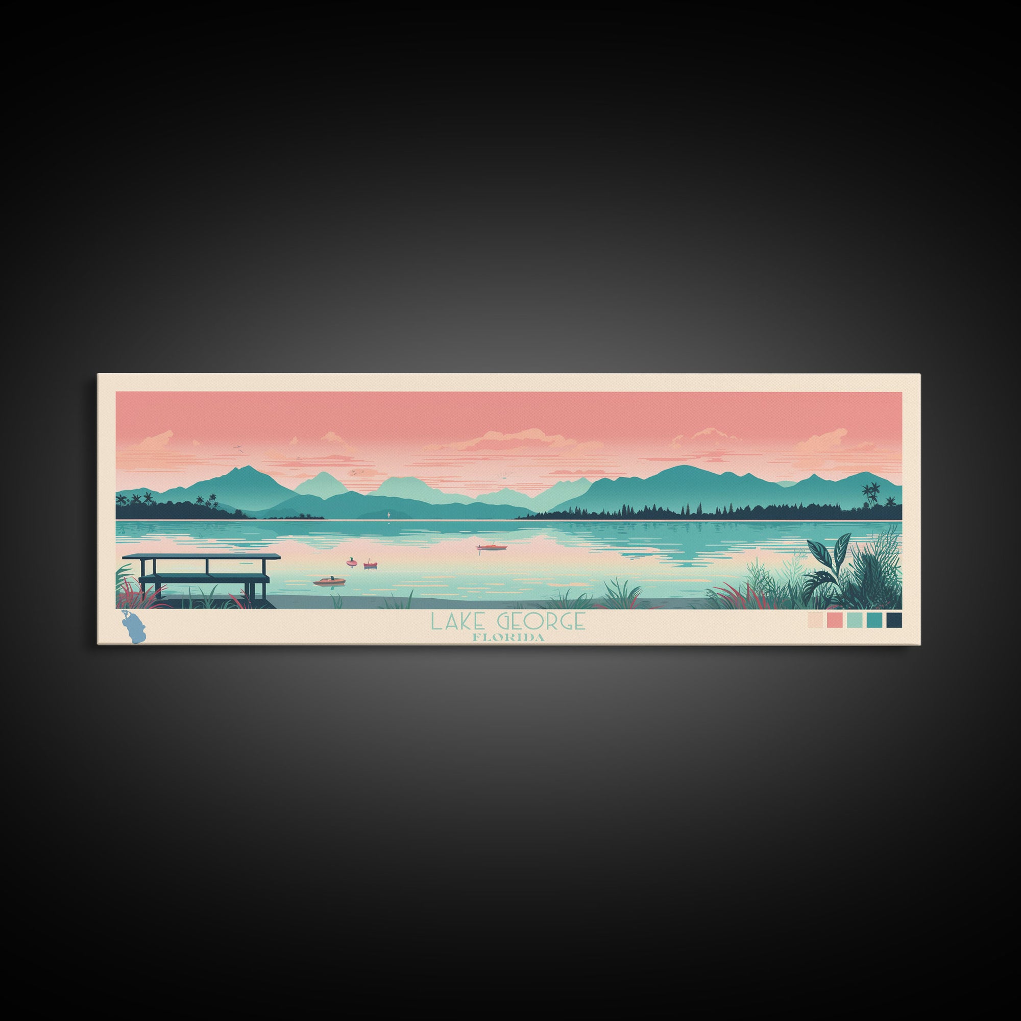 Lake George Florida Framed Canvas Print, Panoramic Wall Art, Midcentury Modern, Pop Art, Bedroom Decor, Travel Poster, Living Room Art