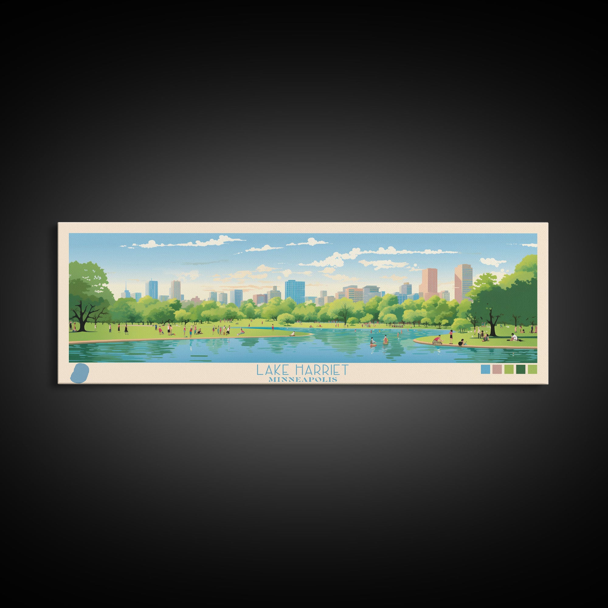 Lake Harriet Minneapolis Framed Canvas Print, Panoramic Wall Art, Midcentury Modern, Pop Art, Lake House Decor, Travel Poster, Living Room Art
