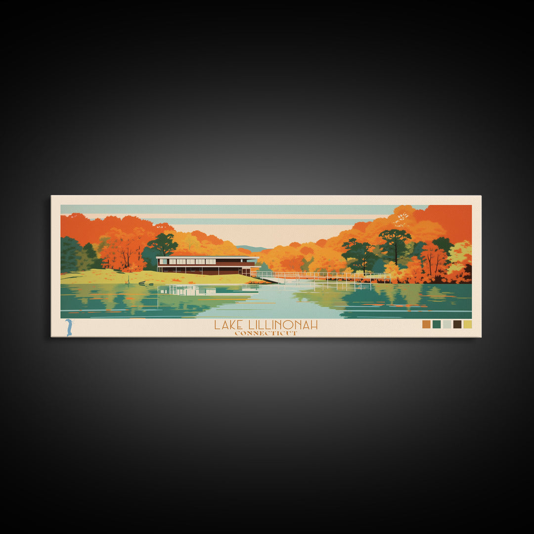 Lake Lillinonah Connecticut Framed Canvas Print, Panoramic Wall Art, Midcentury Modern, Pop Art, Living Room Decor, Travel Poster