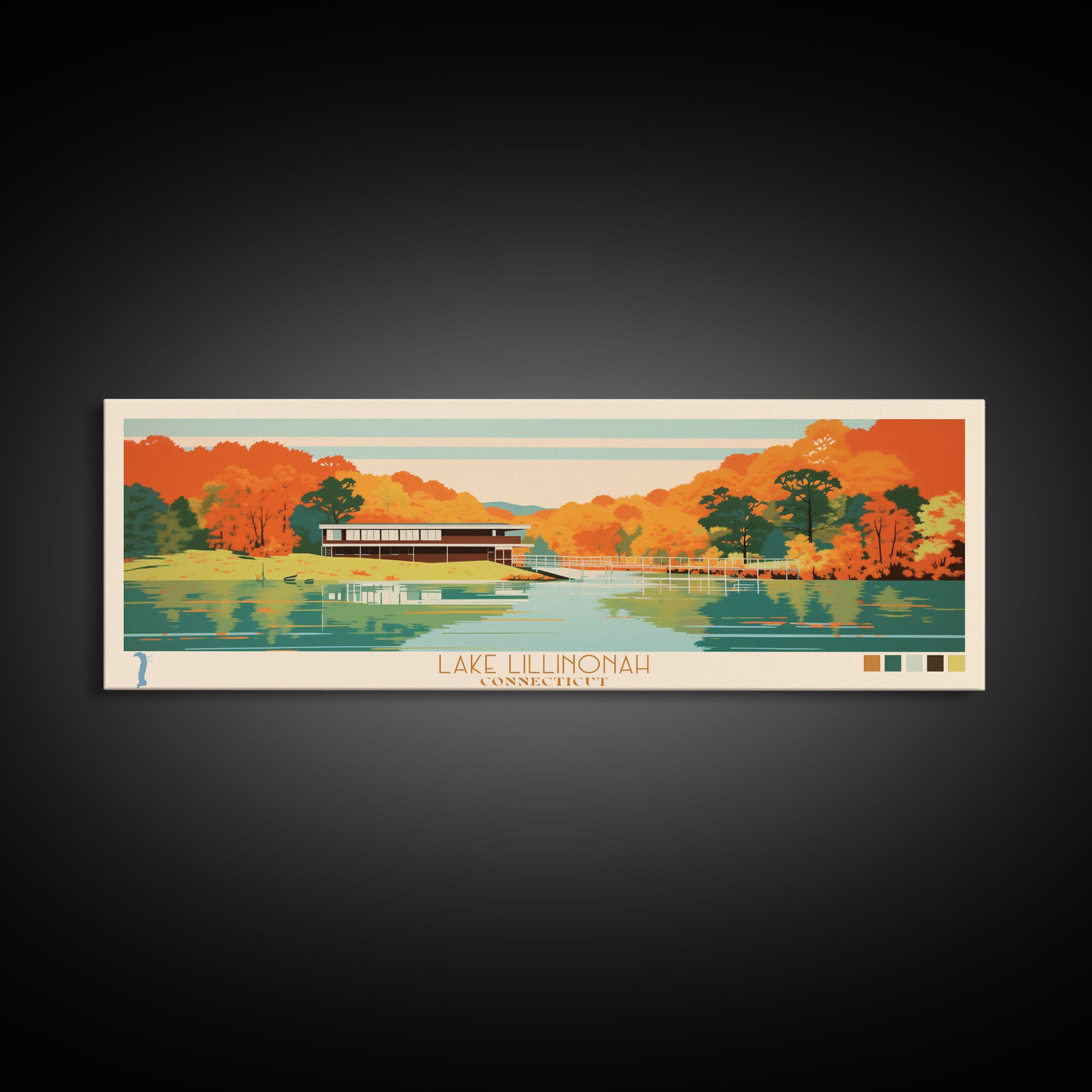 Lake Lillinonah Connecticut Framed Canvas Print, Panoramic Wall Art, Midcentury Modern, Pop Art, Living Room Decor, Travel Poster