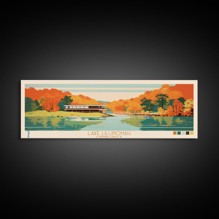 Lake Lillinonah Connecticut Framed Canvas Print, Panoramic Wall Art, Midcentury Modern, Pop Art, Living Room Decor, Travel Poster