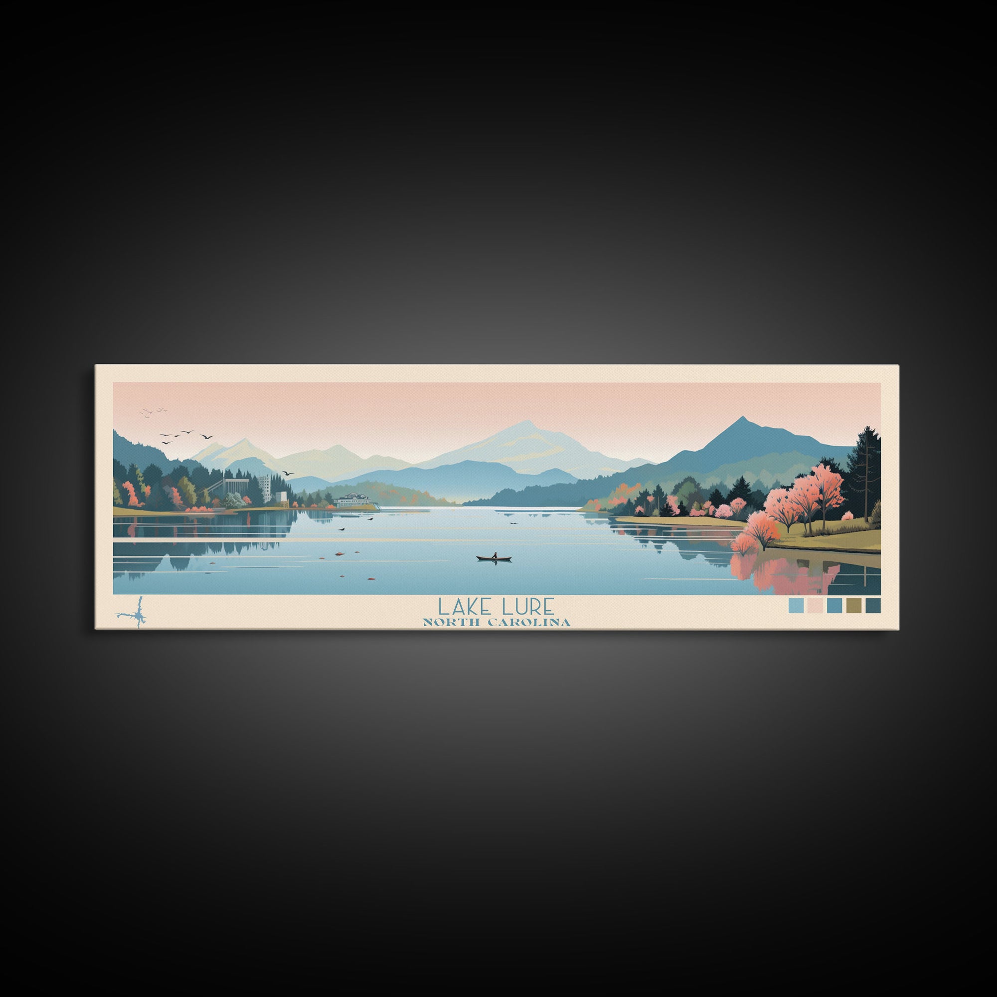 Lake Lure North Carolina Framed Canvas Print, Panoramic Wall Art, Midcentury Modern, Pop Art, Living Room Decor, Travel Poster