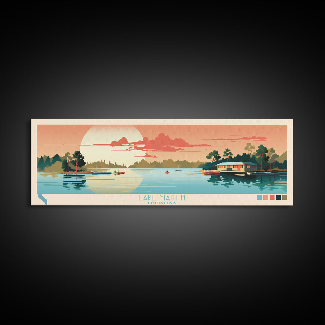 Lake Martin Louisiana Framed Canvas Print, Panoramic Wall Art, Midcentury Modern, Pop Art, Bedroom Art, Travel Poster, Lake House Decor