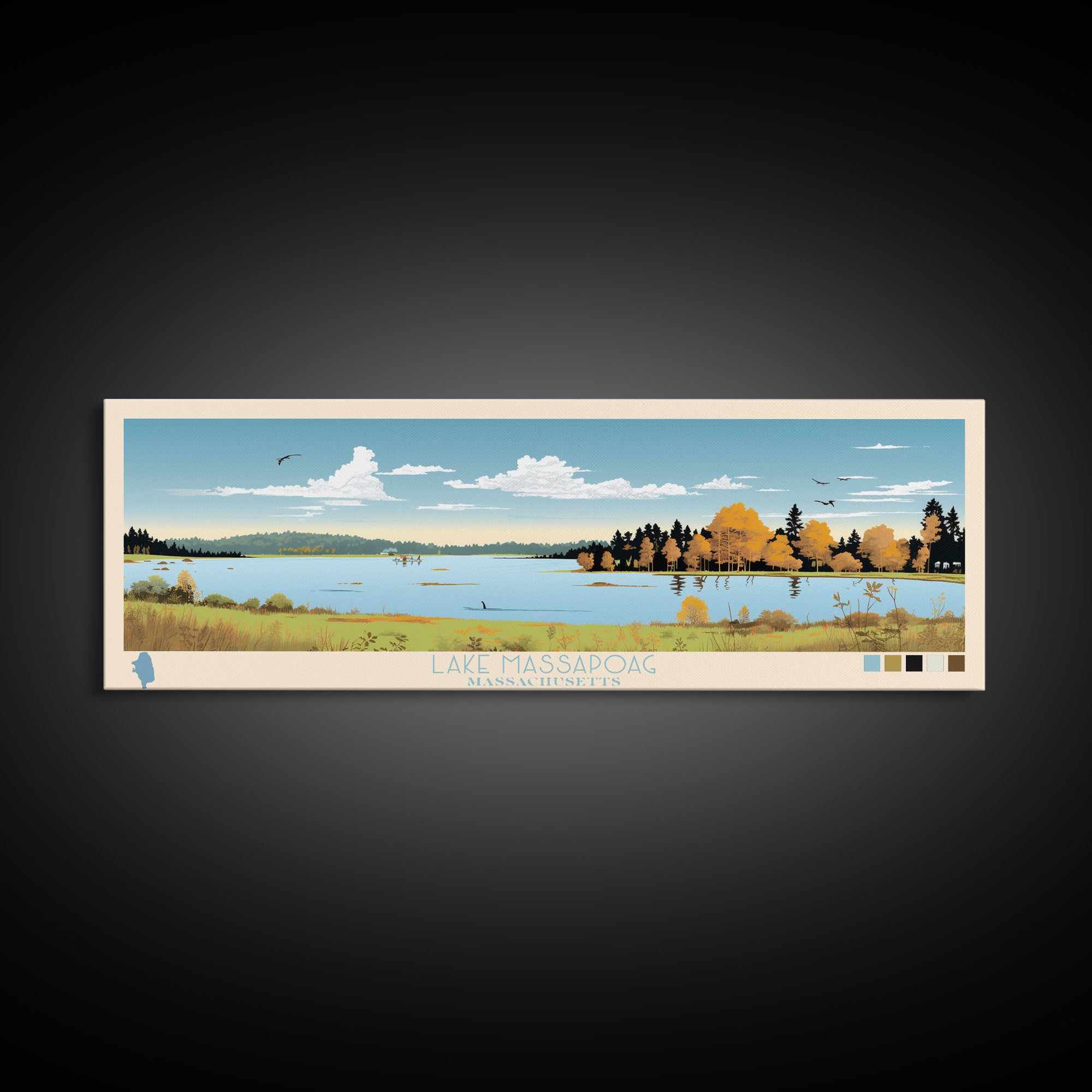 Lake Massapoag Massachusetts Framed Canvas Print, Panoramic Wall Art, Midcentury Modern, Pop Art, Living Room Decor, Travel Poster