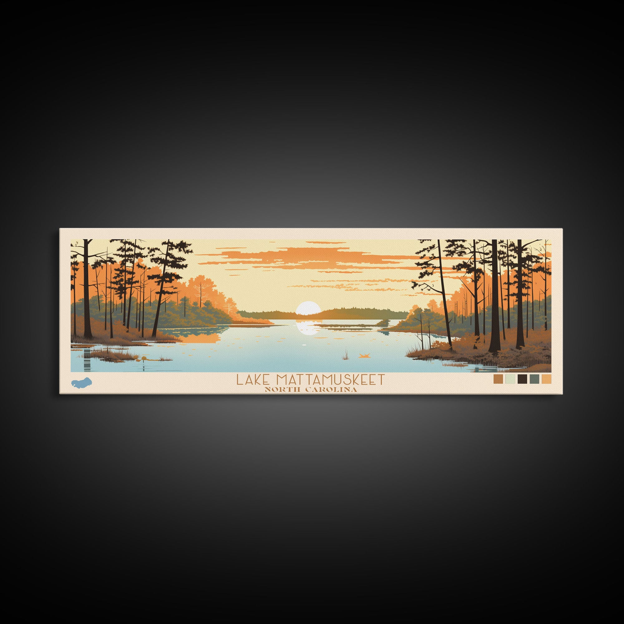 Lake Mattamuskeet North Carolina Framed Canvas Print, Panoramic Wall Art, Midcentury Modern, Pop Art, Bedroom Art, Travel Poster, Lake House Decor