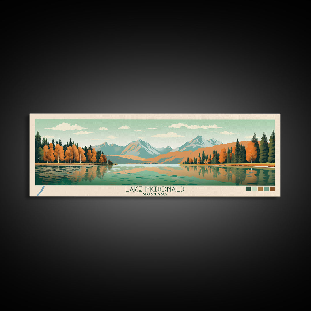 Lake McDonald Montana Framed Canvas Print, Panoramic Wall Art, Midcentury Modern, Pop Art, Living Room Decor, Travel Poster