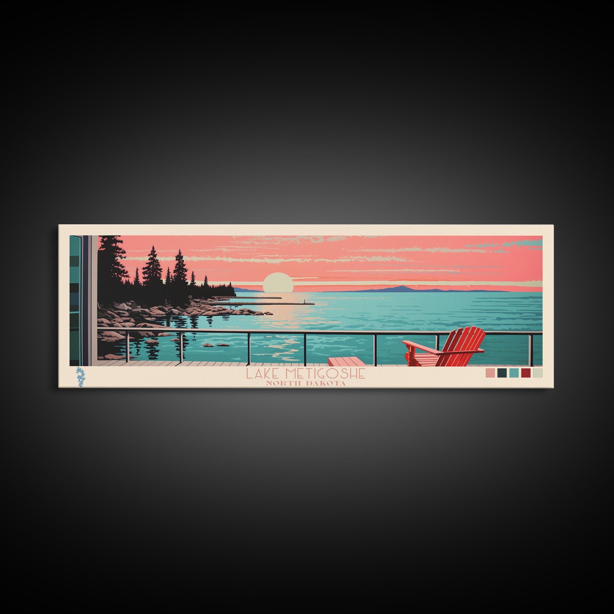 Lake Metigoshe North Dakota Framed Canvas Print, Panoramic Wall Art, Midcentury Modern, Pop Art, Living Room Decor, Travel Poster