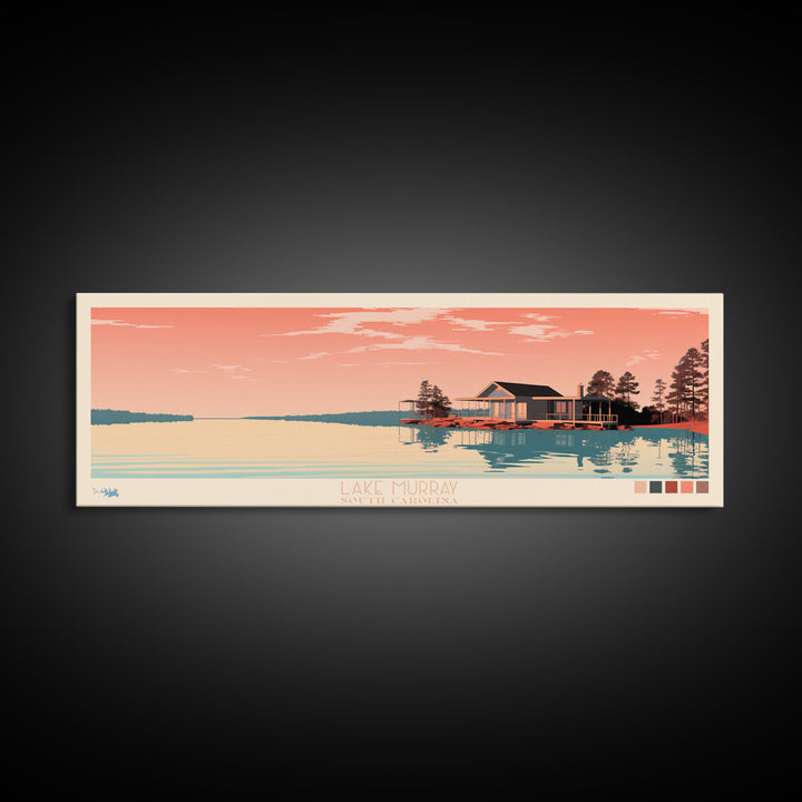 Lake Murray South Carolina Framed Canvas Print, Panoramic Wall Art, Midcentury Modern, Pop Art, Bedroom Art, Travel Poster, Lake House Decor