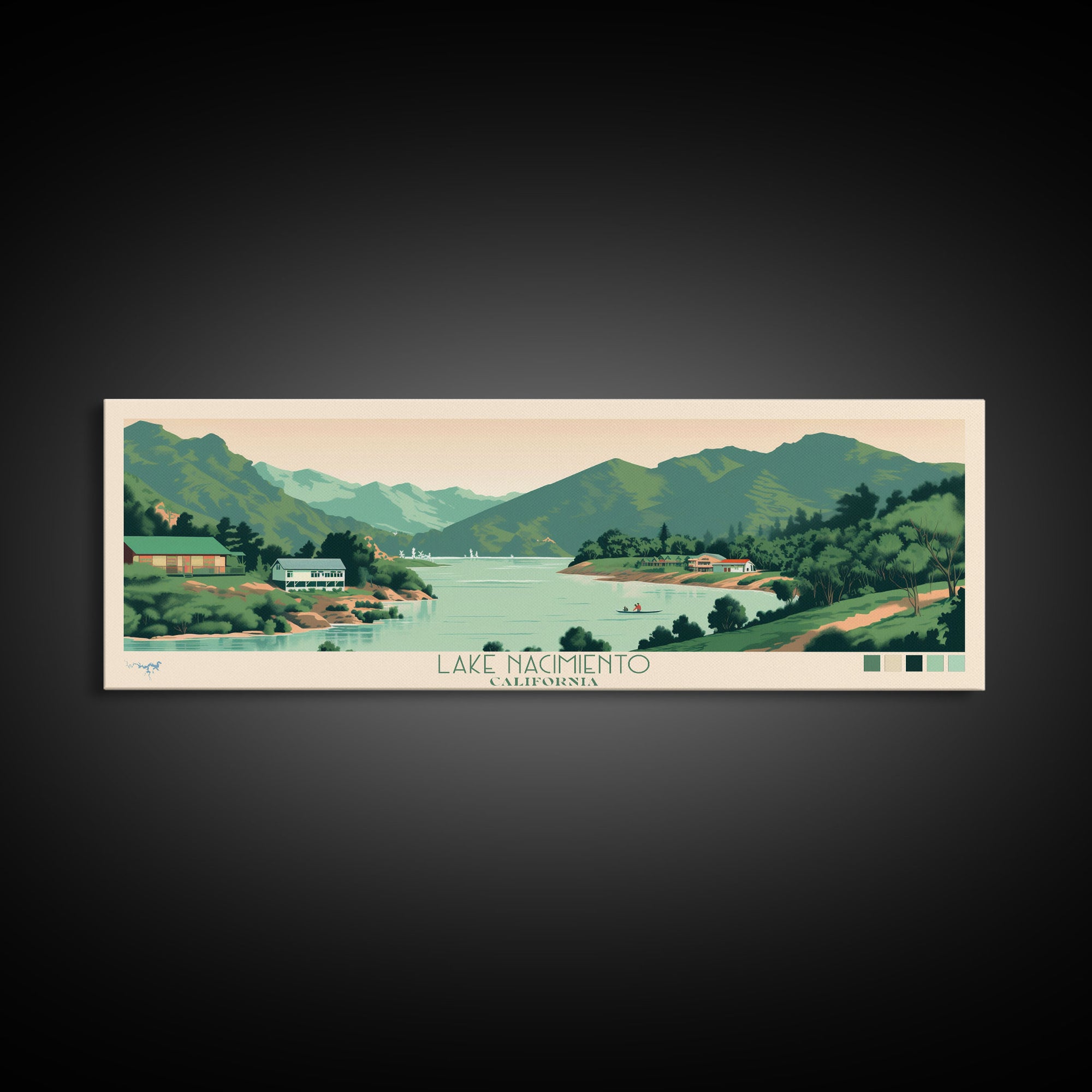 Lake Nacimiento California Framed Canvas Print, Panoramic Wall Art, Midcentury Modern, Pop Art, Living Room Decor, Travel Poster, Lake House Art