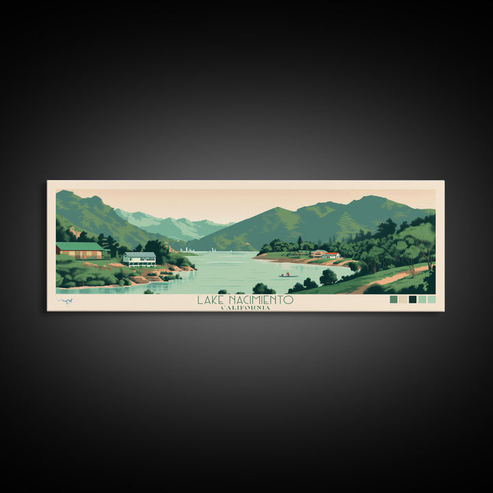 Lake Nacimiento California Framed Canvas Print, Panoramic Wall Art, Midcentury Modern, Pop Art, Living Room Decor, Travel Poster, Lake House Art