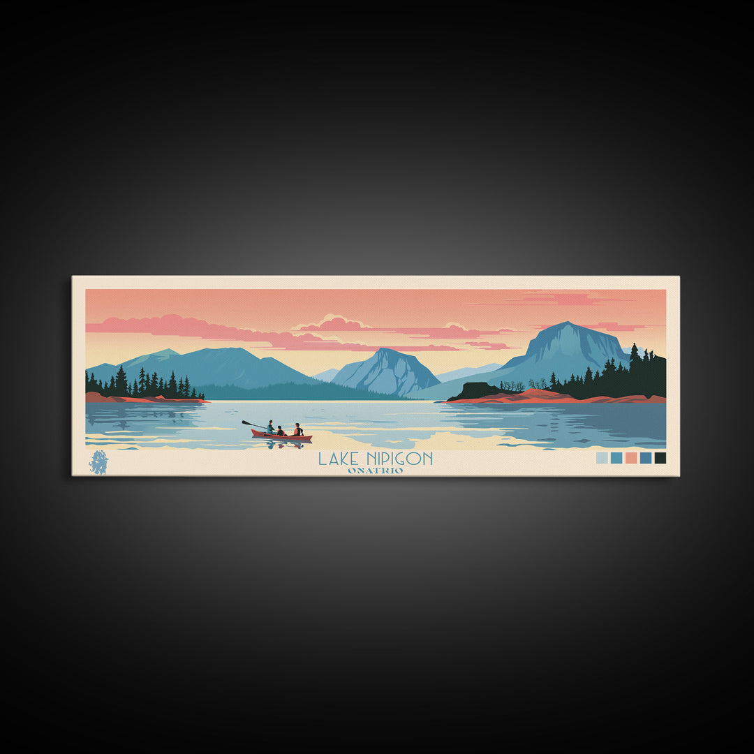Lake Nipigon Ontario Framed Canvas Print, Panoramic Wall Art, Midcentury Modern, Pop Art, Living Room Decor, Travel Poster, Lake House Art