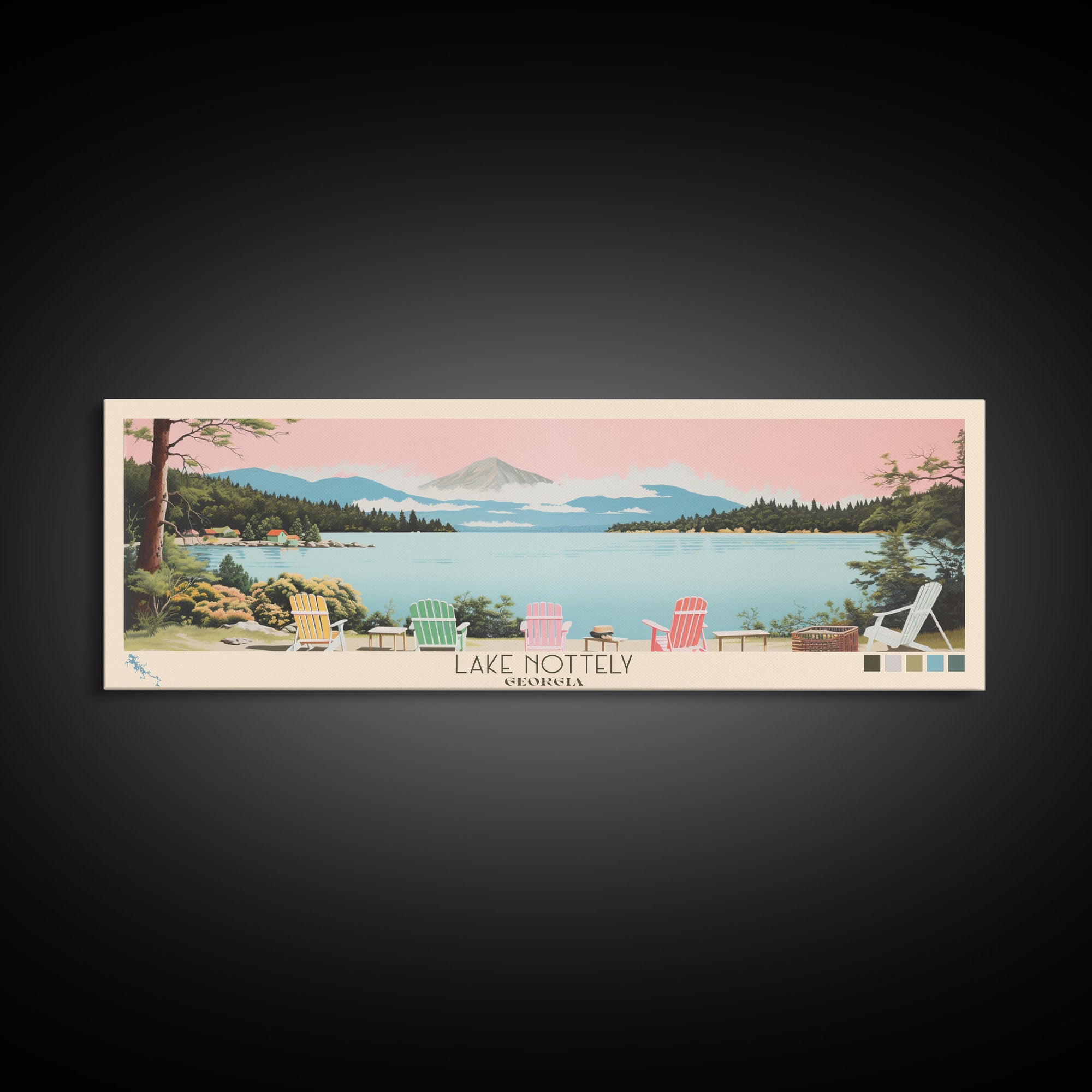 Lake Nottely Georgia Framed Canvas Print, Panoramic Wall Art, Midcentury Modern, Pop Art, Living Room Decor, Travel Poster, Lake House Art