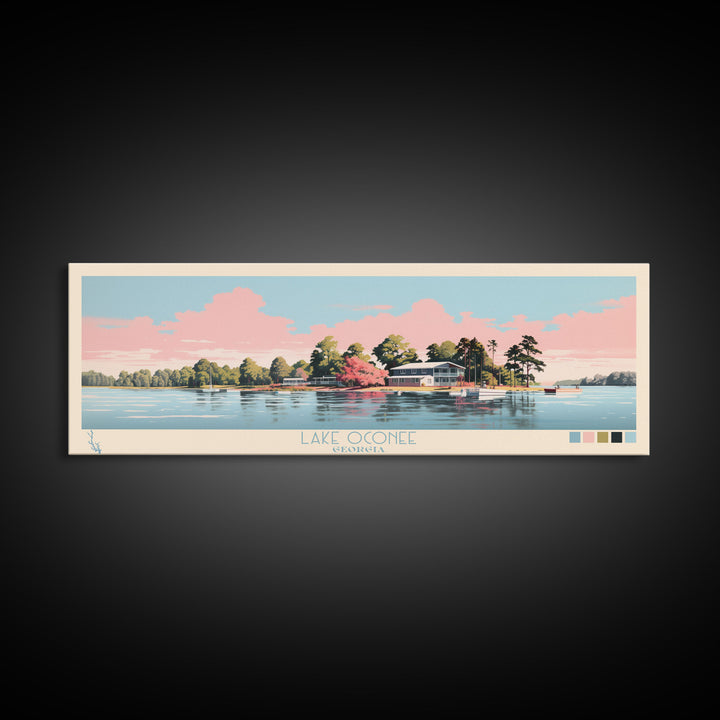 Lake Oconee Georgia Framed Canvas Print, Panoramic Wall Art, Midcentury Modern, Pop Art, Living Room Decor, Travel Poster, Lake House Art