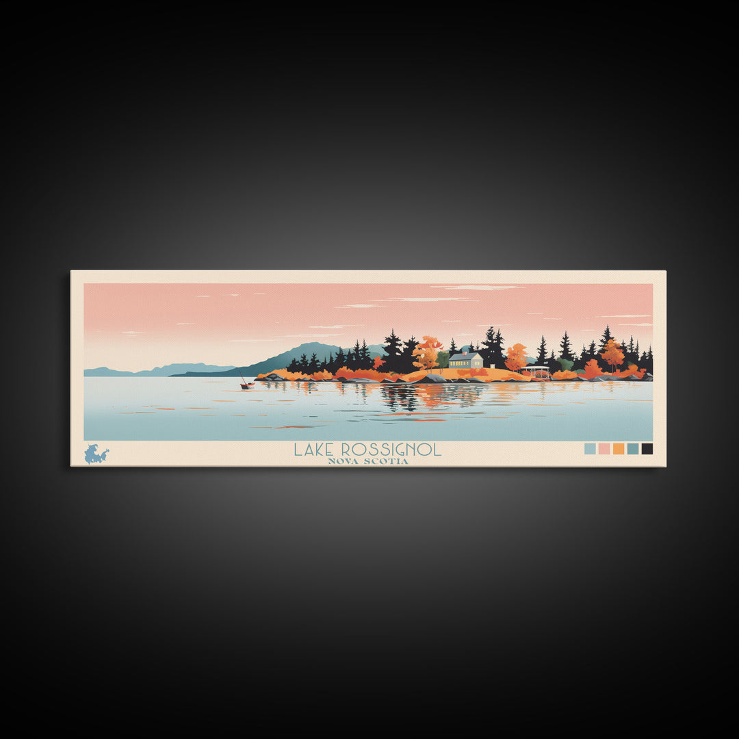 Lake Rossignol Nova Scotia Framed Canvas Print, Panoramic Wall Art, Midcentury Modern, Pop Art, Living Room Decor, Travel Poster, Lake House Art