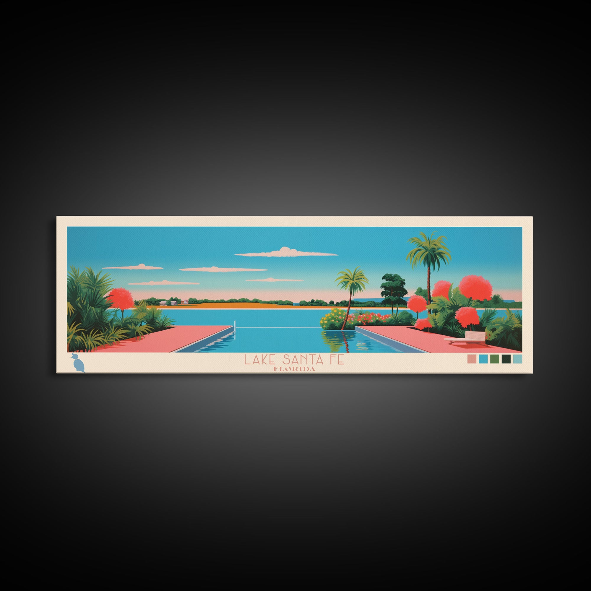 Lake Santa Fe Florida Framed Canvas Print, Panoramic Wall Art, Midcentury Modern, Pop Art, Bedroom Art, Travel Poster, Lake House Decor
