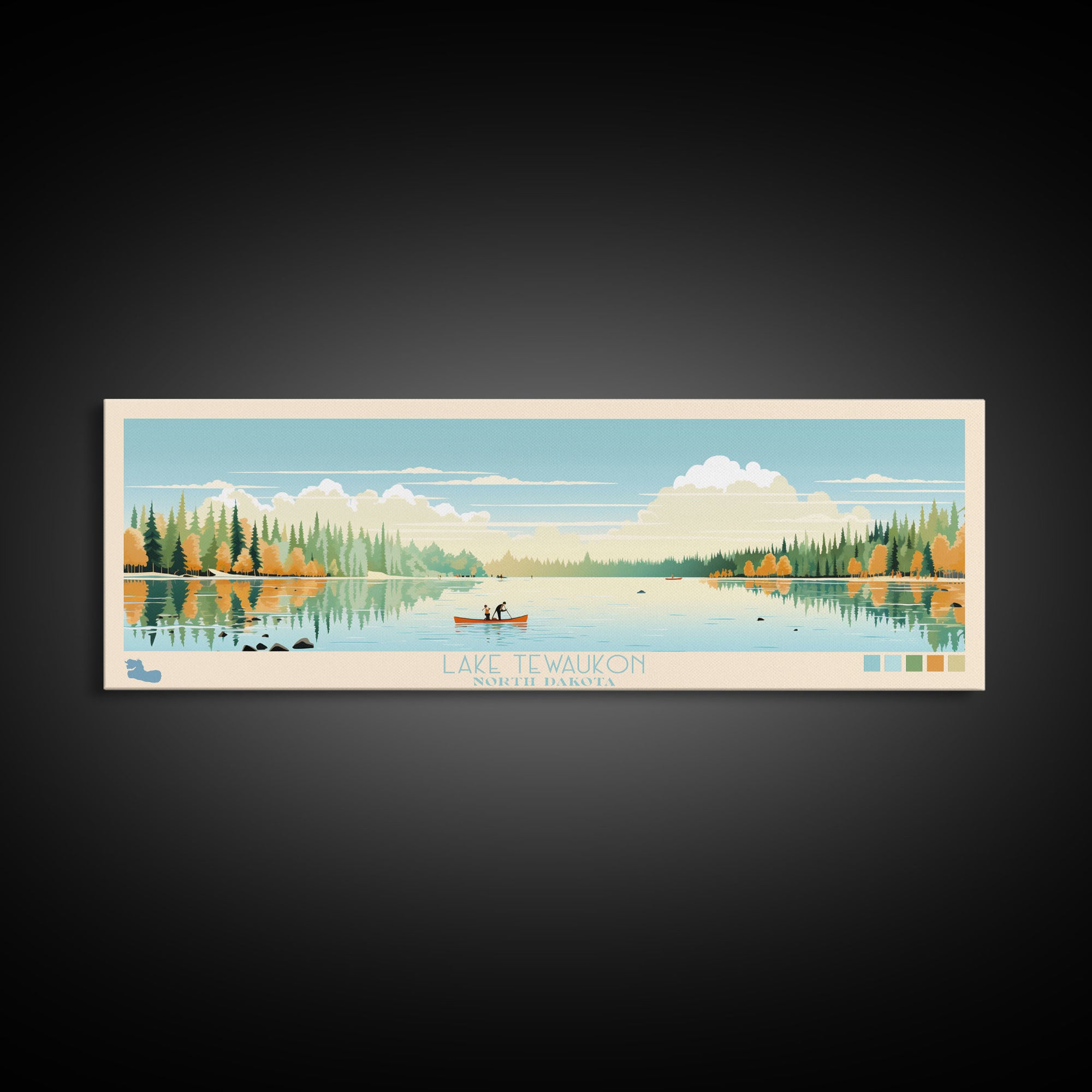 Lake Tewaukon North Dakota Framed Canvas Print, Panoramic Wall Art, Midcentury Modern, Pop Art, Living Room Decor, Travel Poster, Lake House Art
