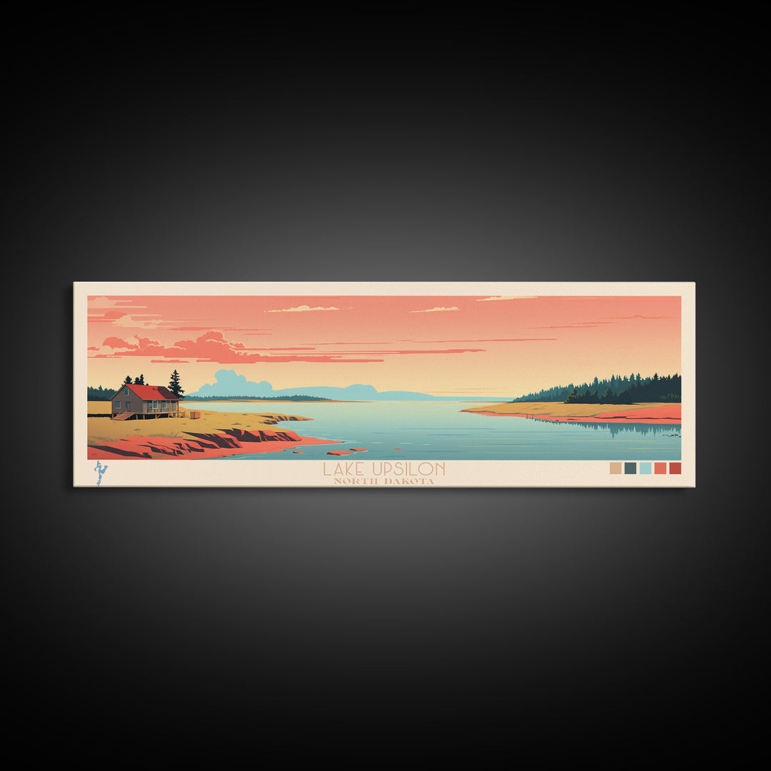 Lake Upsilon, North Dakota Panoramic Wall Art Framed Canvas Print, Midcentury Modern, Pop Art, Home Decor, Travel Poster, Living Room Art