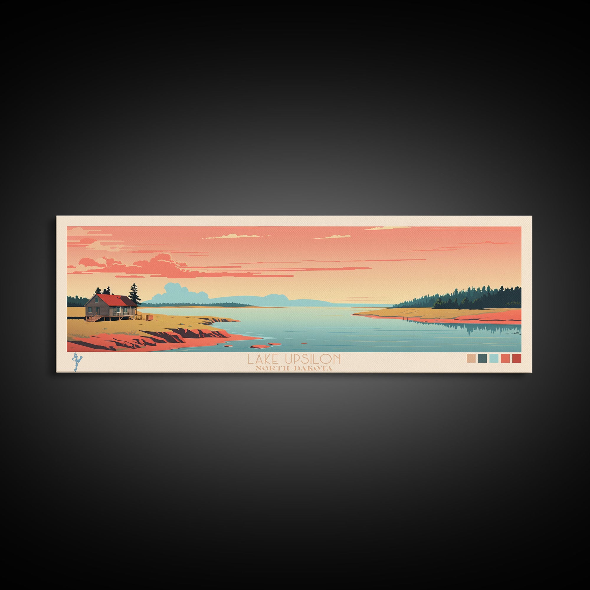 Lake Upsilon, North Dakota Panoramic Wall Art Framed Canvas Print, Midcentury Modern, Pop Art, Home Decor, Travel Poster, Living Room Art