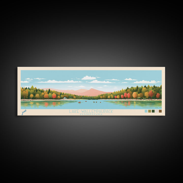 Lake Wallenpaupack, Pennsylvania Panoramic Wall Art Framed Canvas Print, Midcentury Modern, Pop Art, Home Decor, Travel Poster, Living Room Art