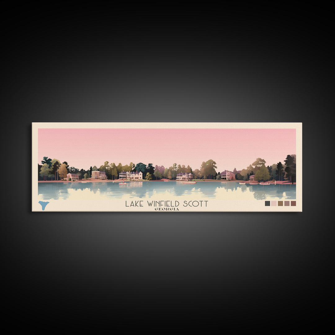 Lake Winfield Scott, Georgia Panoramic Wall Art Framed Canvas Print, Midcentury Modern, Pop Art, Home Decor, Travel Poster, Living Room Art