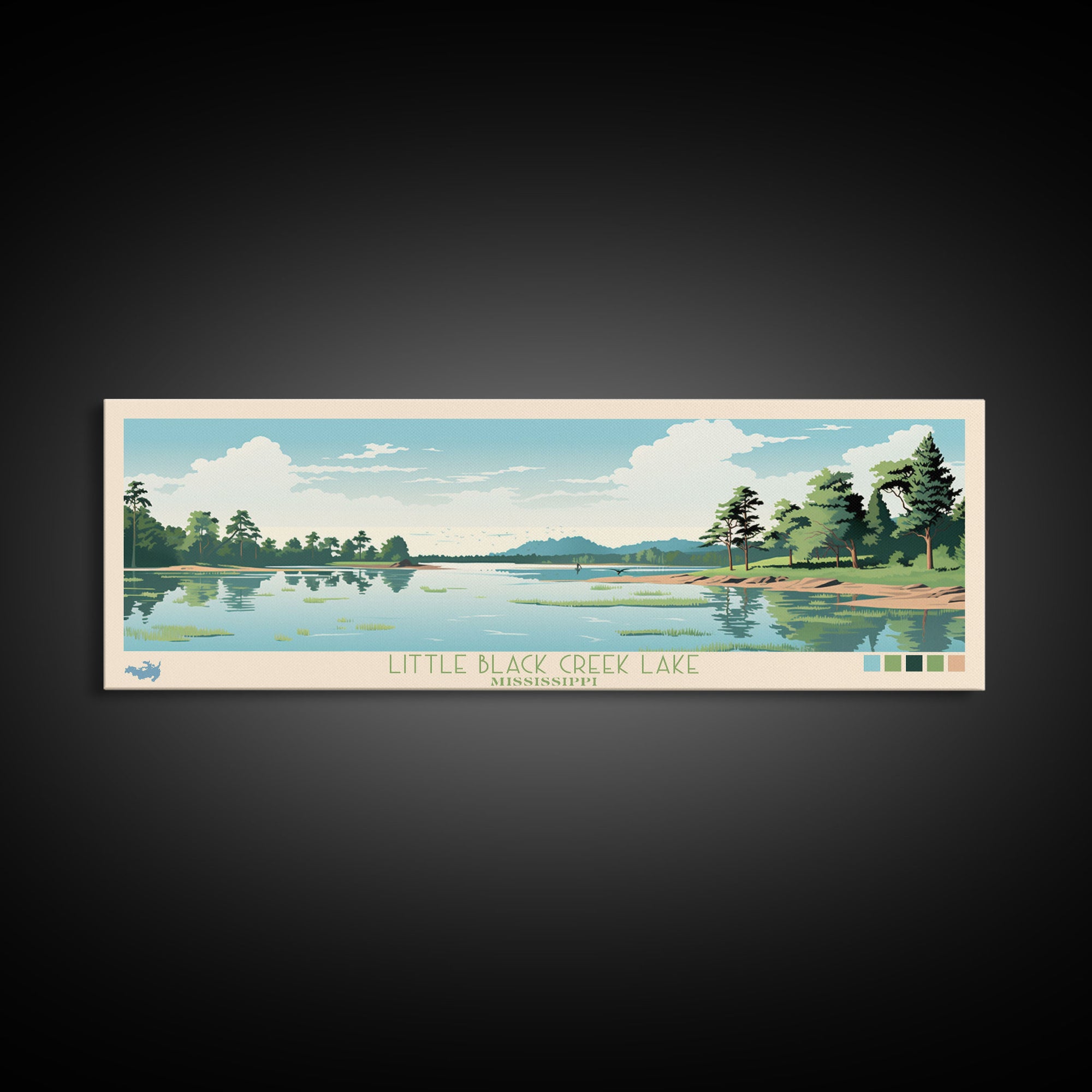 Little Black Creek Lake, Mississippi Panoramic Wall Art Framed Canvas Print, Midcentury Modern, Pop Art, Home Decor, Travel Poster, Bedroom Art