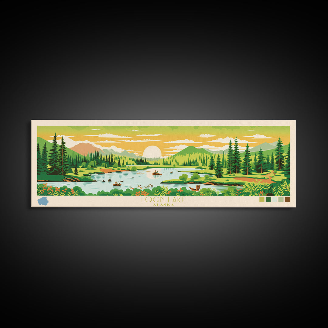 Loon Lake, Alaska Panoramic Wall Art Framed Canvas Print, Midcentury Modern, Pop Art, Home Decor, Travel Poster, Living Room Art