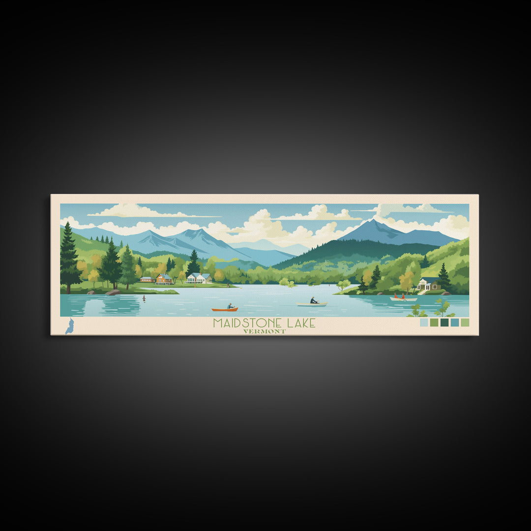 Maidstone Lake, Vermont Panoramic Wall Art Framed Canvas Print, Midcentury Modern, Pop Art, Home Decor, Travel Poster, Bedroom Art