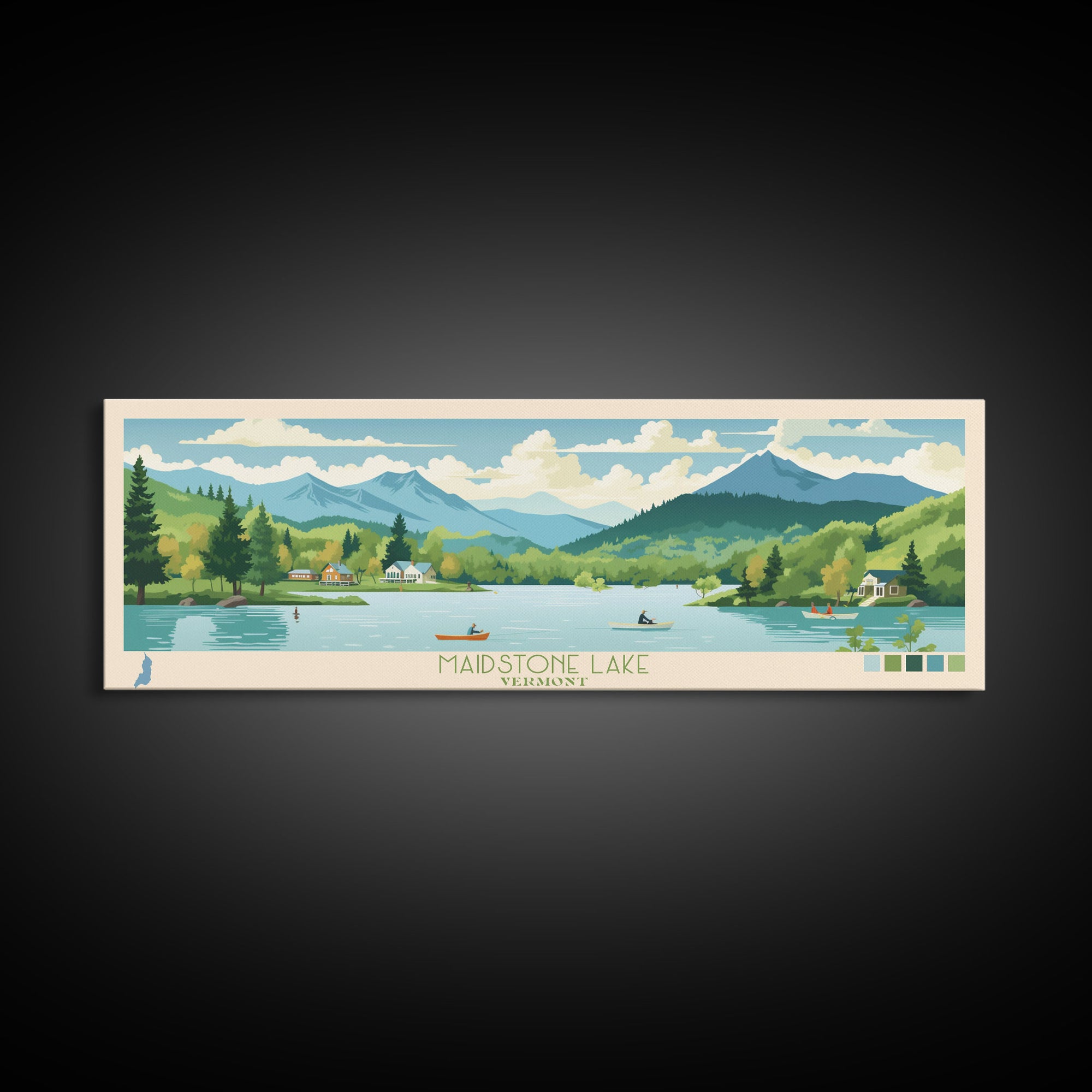 Maidstone Lake, Vermont Panoramic Wall Art Framed Canvas Print, Midcentury Modern, Pop Art, Home Decor, Travel Poster, Bedroom Art
