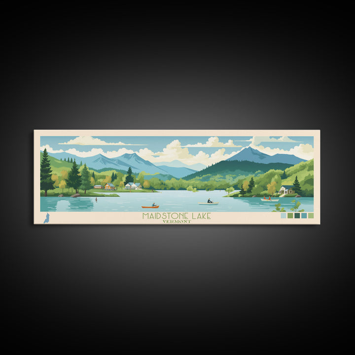 Maidstone Lake, Vermont Panoramic Wall Art Framed Canvas Print, Midcentury Modern, Pop Art, Home Decor, Travel Poster, Bedroom Art
