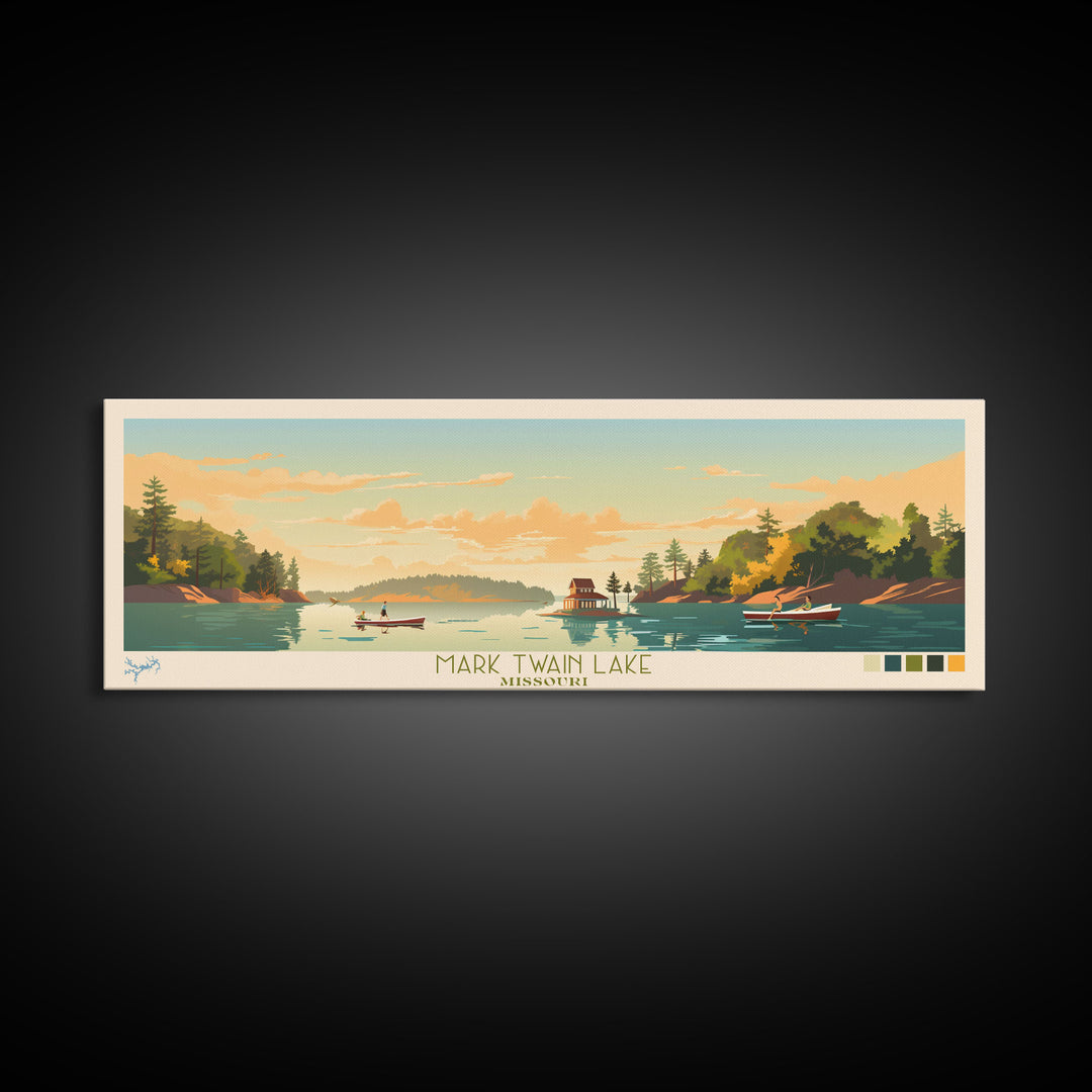 Mark Twain Lake, Missouri Panoramic Wall Art Framed Canvas Print, Midcentury Modern, Pop Art, Home Decor, Travel Poster, Bedroom Art