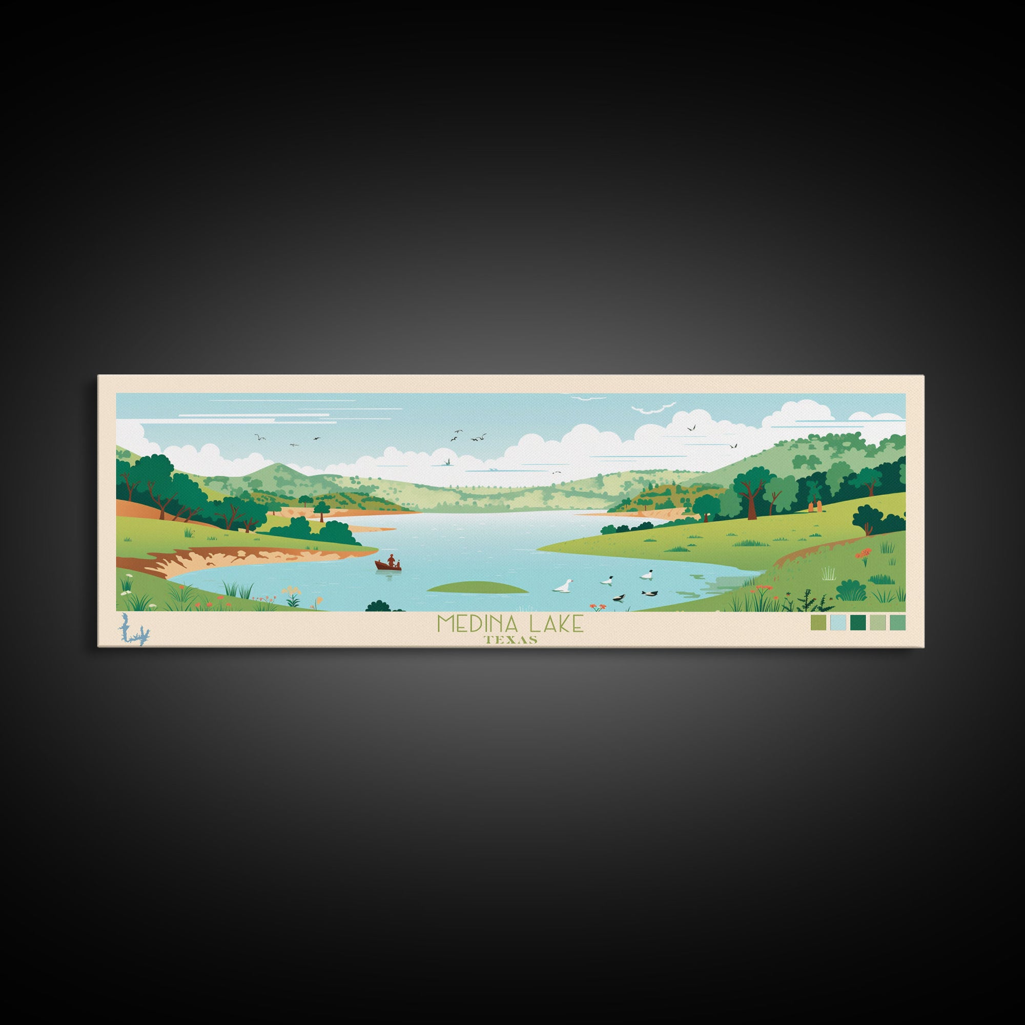 Medina Lake, Texas Panoramic Wall Art Framed Canvas Print, Midcentury Modern, Pop Art, Home Decor, Travel Poster, Bedroom Art