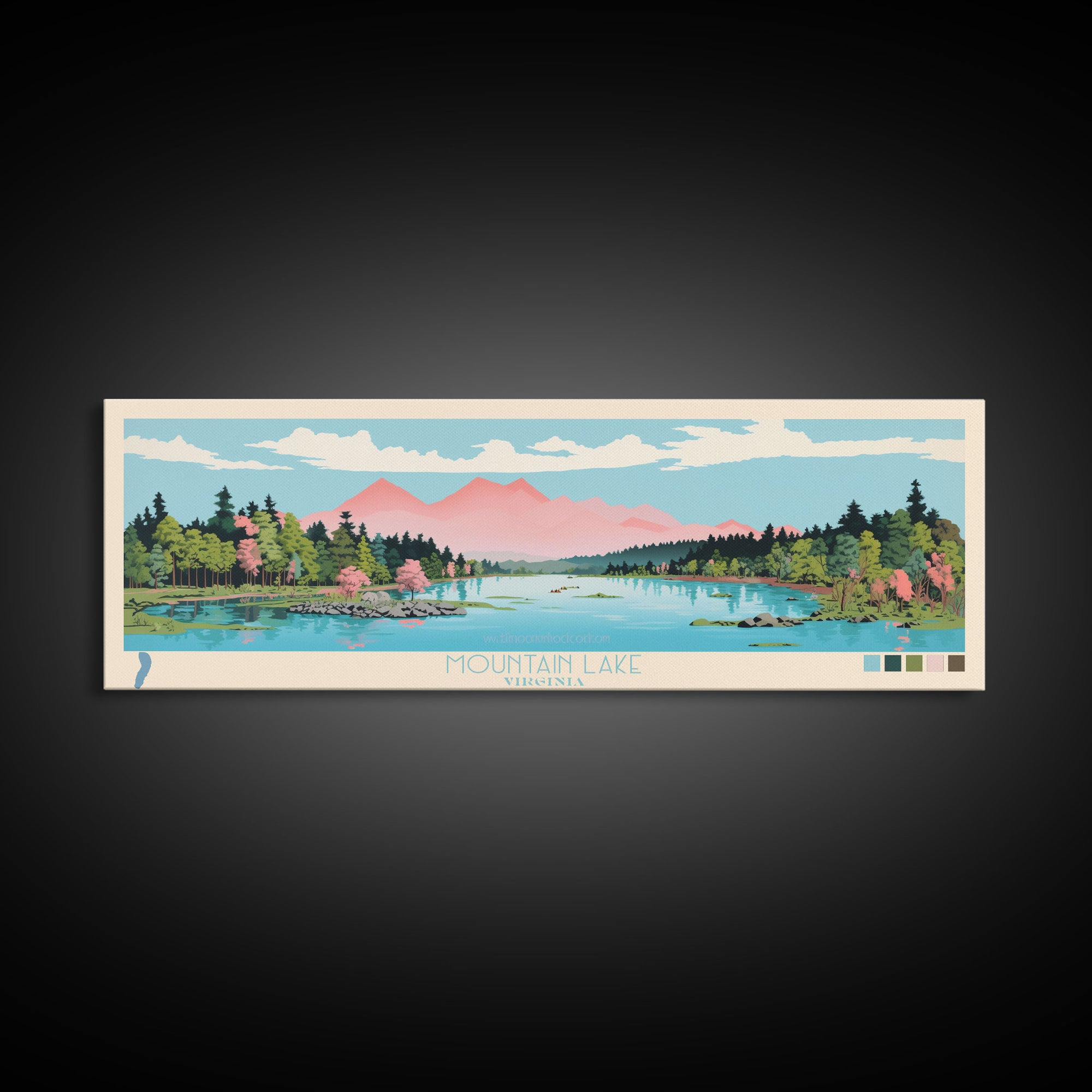 Mountain Lake, Virginia Framed Canvas Print, Panoramic Wall Art, Midcentury Modern, Pop Art, Home Decor, Travel Poster, Bedroom Art